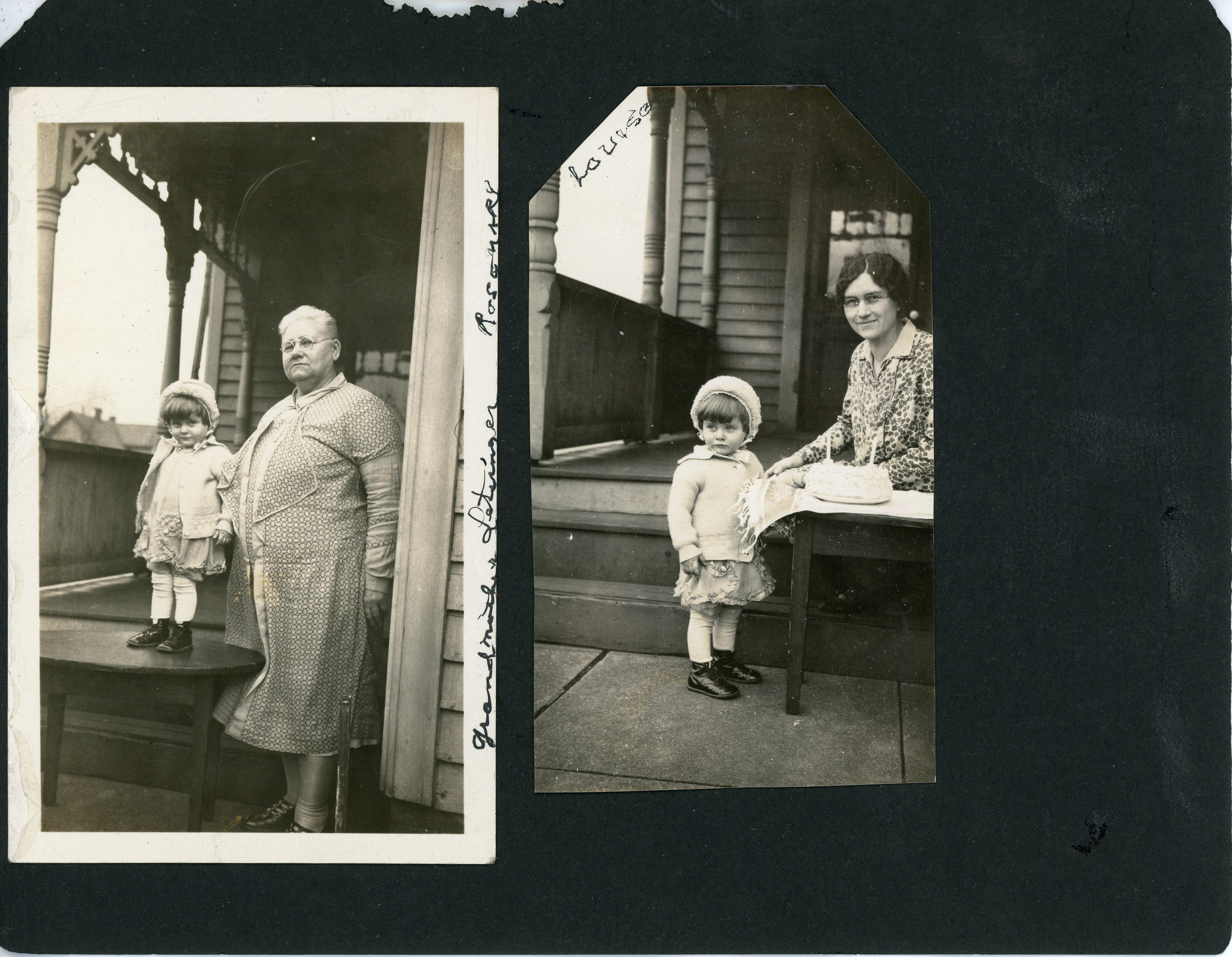 1927 - Rosemary on table with grandmother Ida Jane (Same birthday). 1928 - Louise and Rosemary with 2nd birthday cake.