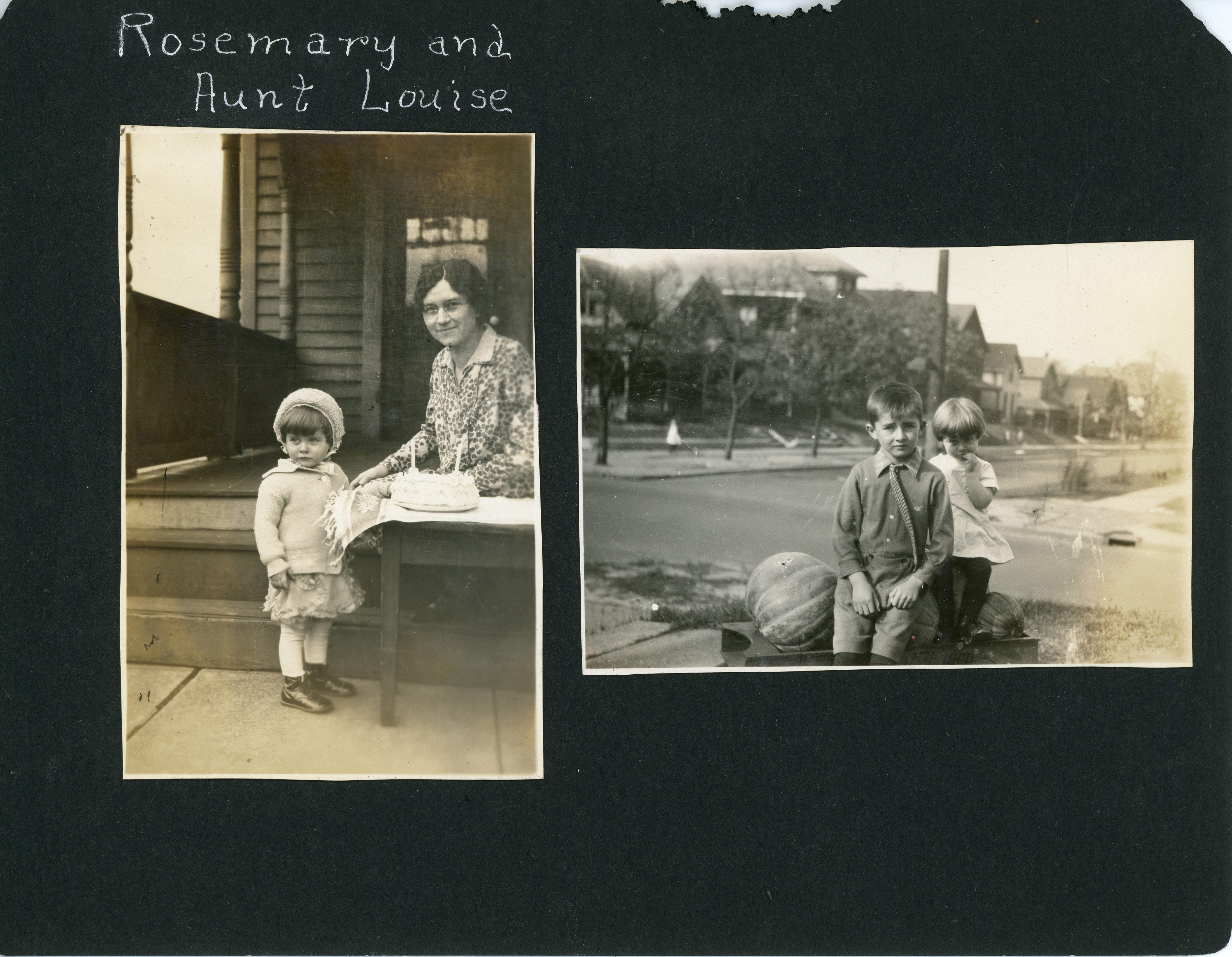 1928 - Louise Cole and Rosemary with 2nd birthday cake. Warren and Rosemary with wagon full of pumpkins.