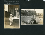 1928 - Louise Cole and Rosemary with 2nd birthday cake. Warren and Rosemary with wagon full of pumpkins.
