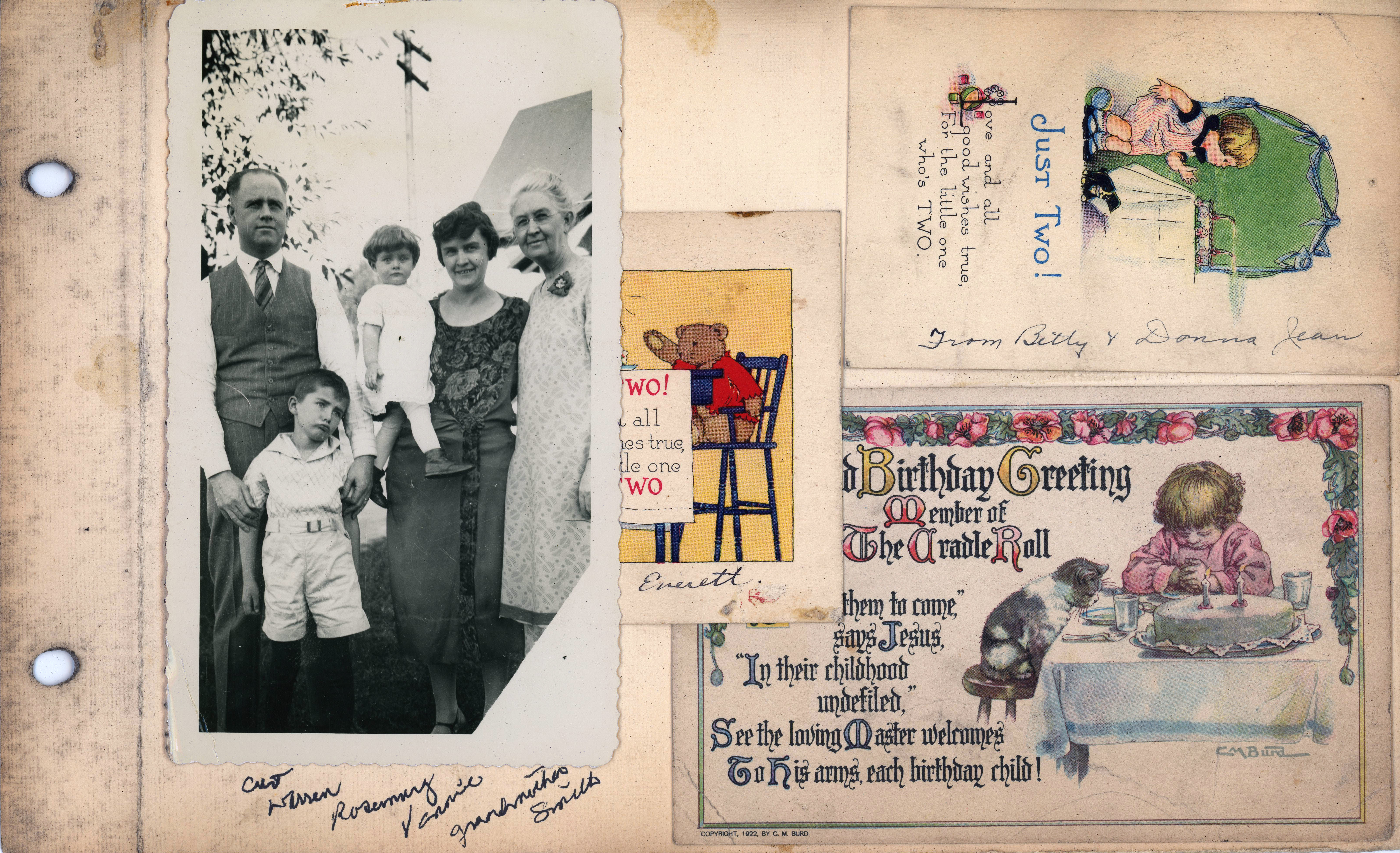Curt, Warren, Rosemary, Vonnie, Grandmother Smith. Birthday cards