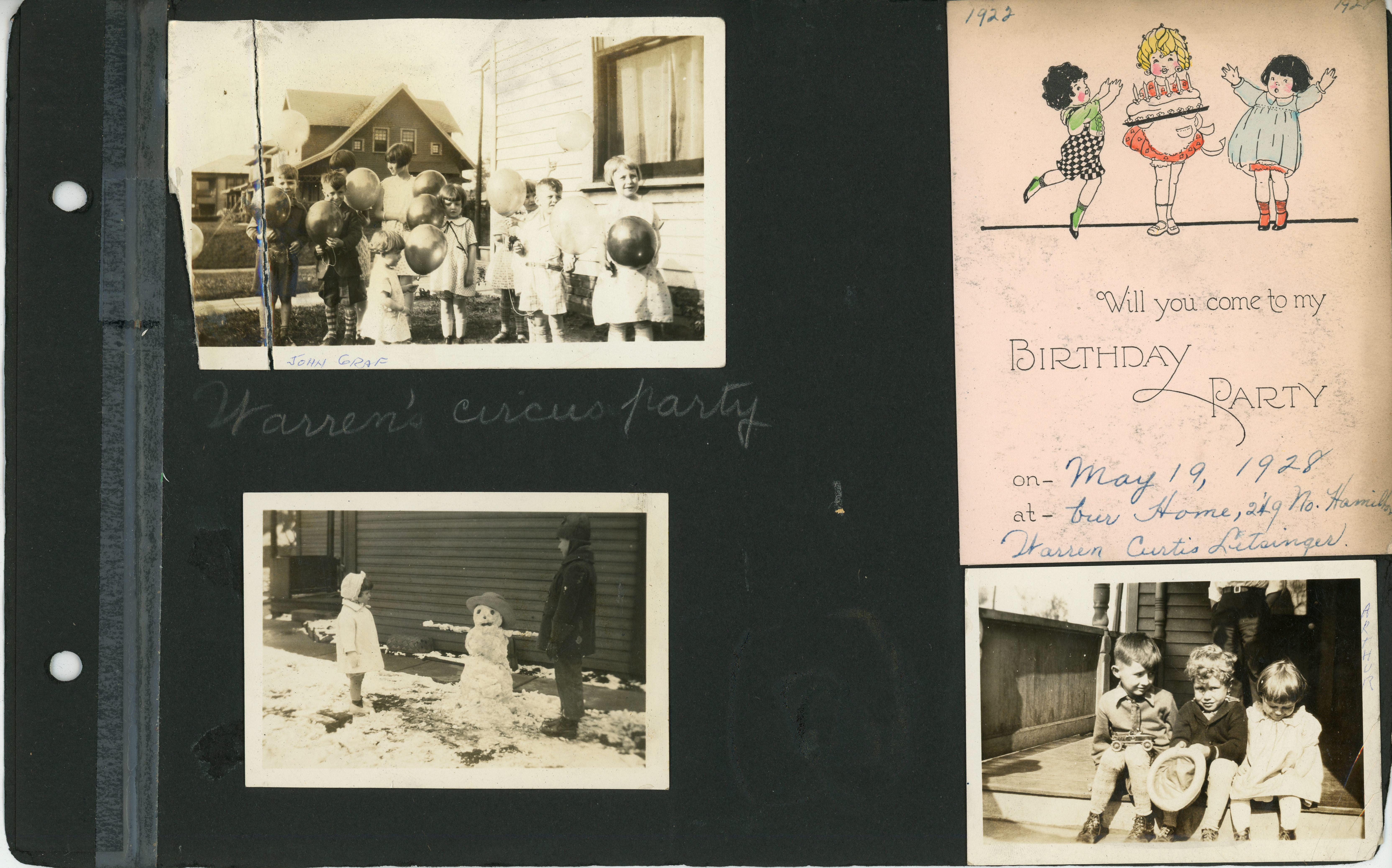 1928 invitation for Warren's circus party. Snowman. Warren, Arthur and Rosemary.