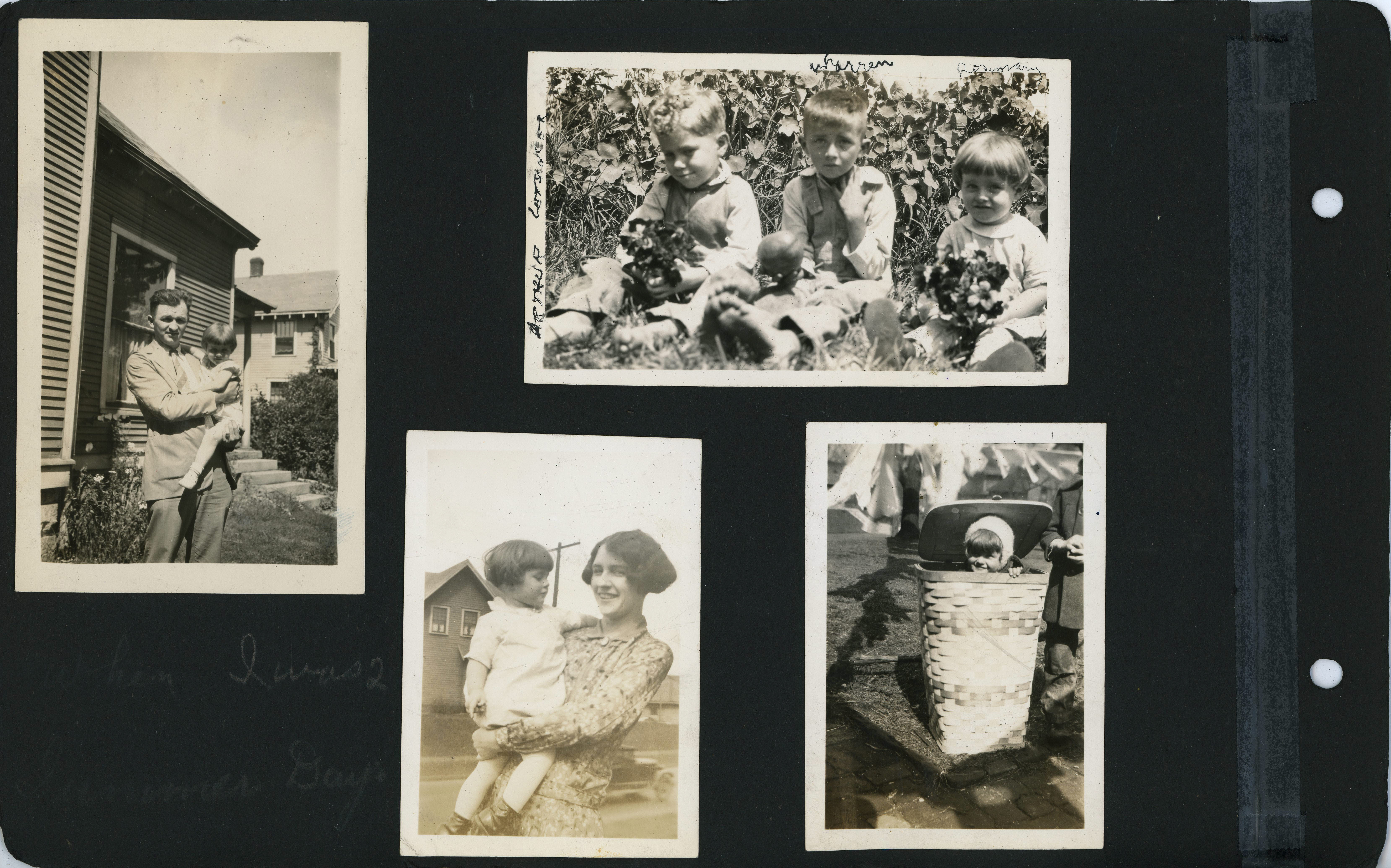 Uncle Arthur Clinton and Rosemary. Lida May and Rosemary. Arthur, Warren and Rosemary. Hamper full of Rosemary.