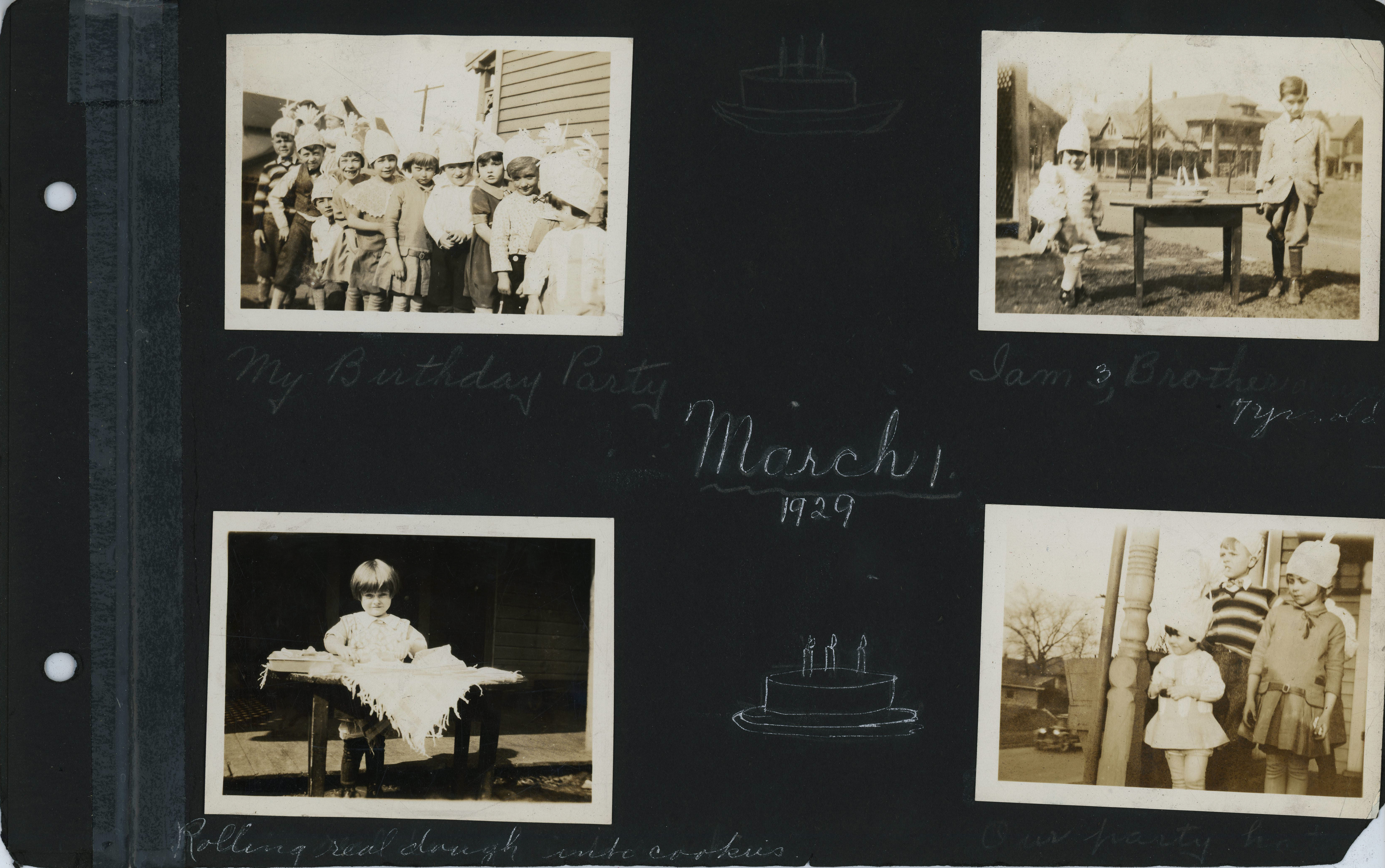 March 1, 1929 - My Birthday Party. I am 3, brother 7 yrs old. Rosemary - Rolling real dough into cookies. Our party hats.