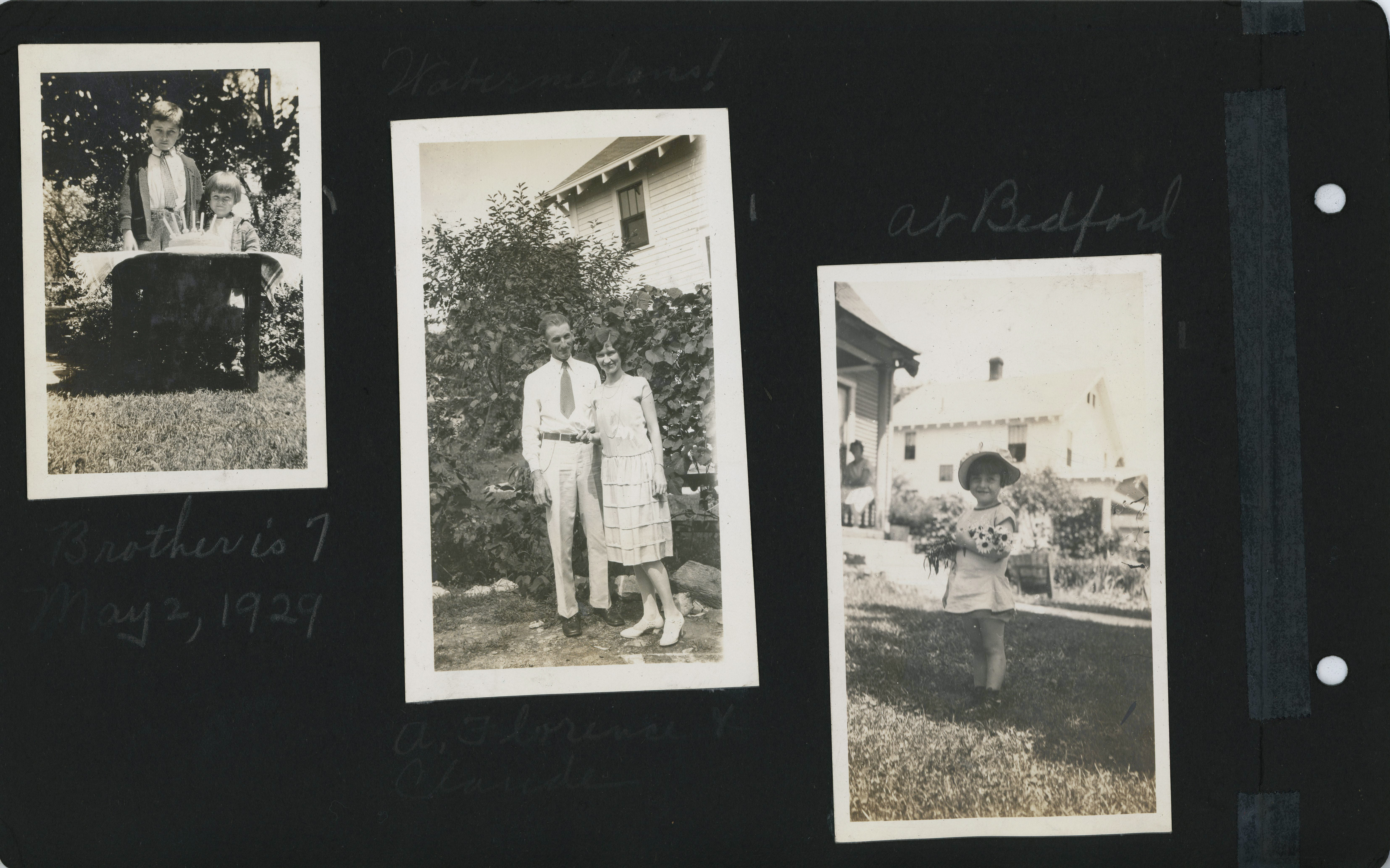 Brother is 7 - May 2, 1929. Aunt Florence and Claud. Rosemary with flowers at Bedford.