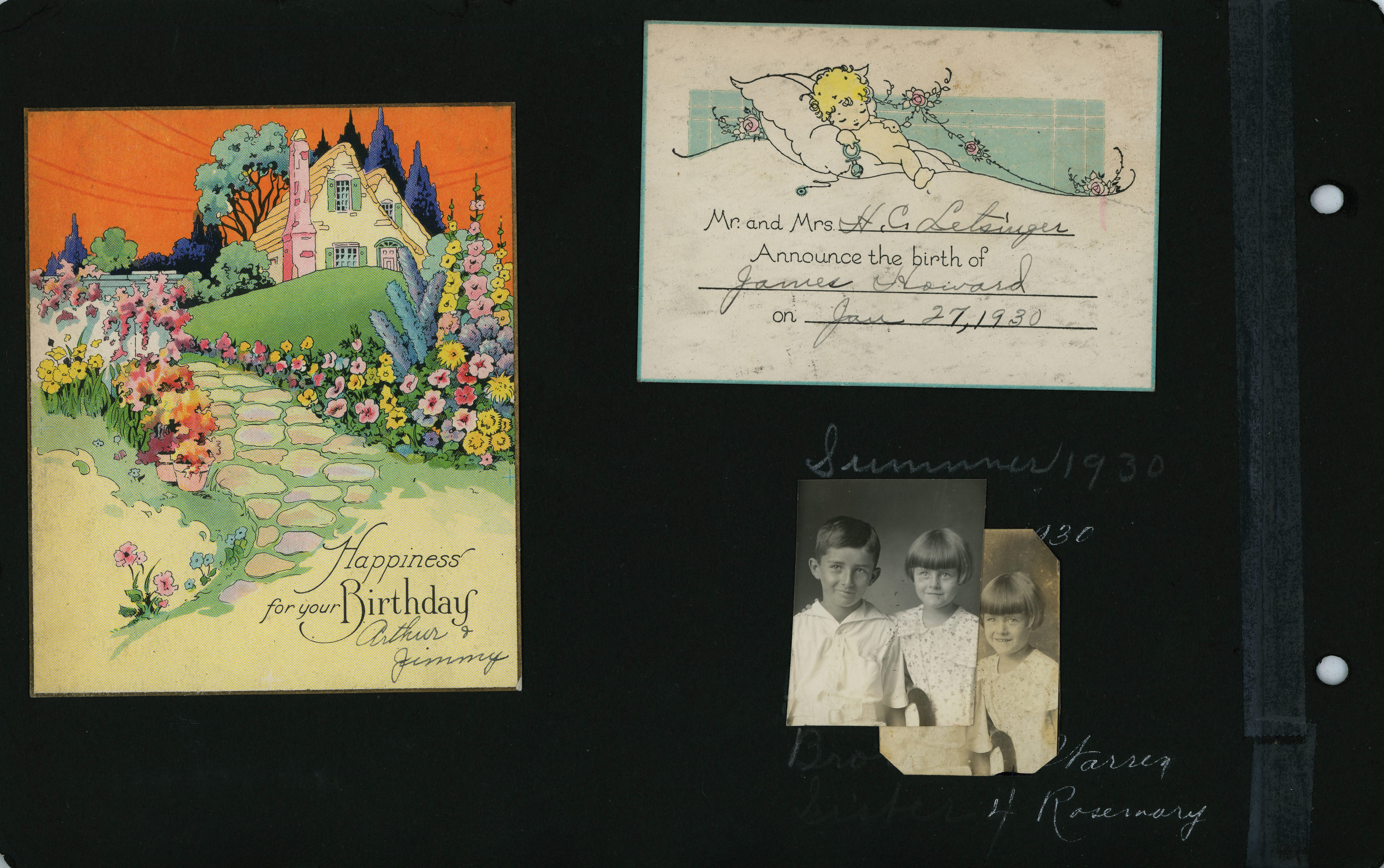 Birthday card. HC Letsinger birth announcement. Summer 1930 Warren and Rosemary
