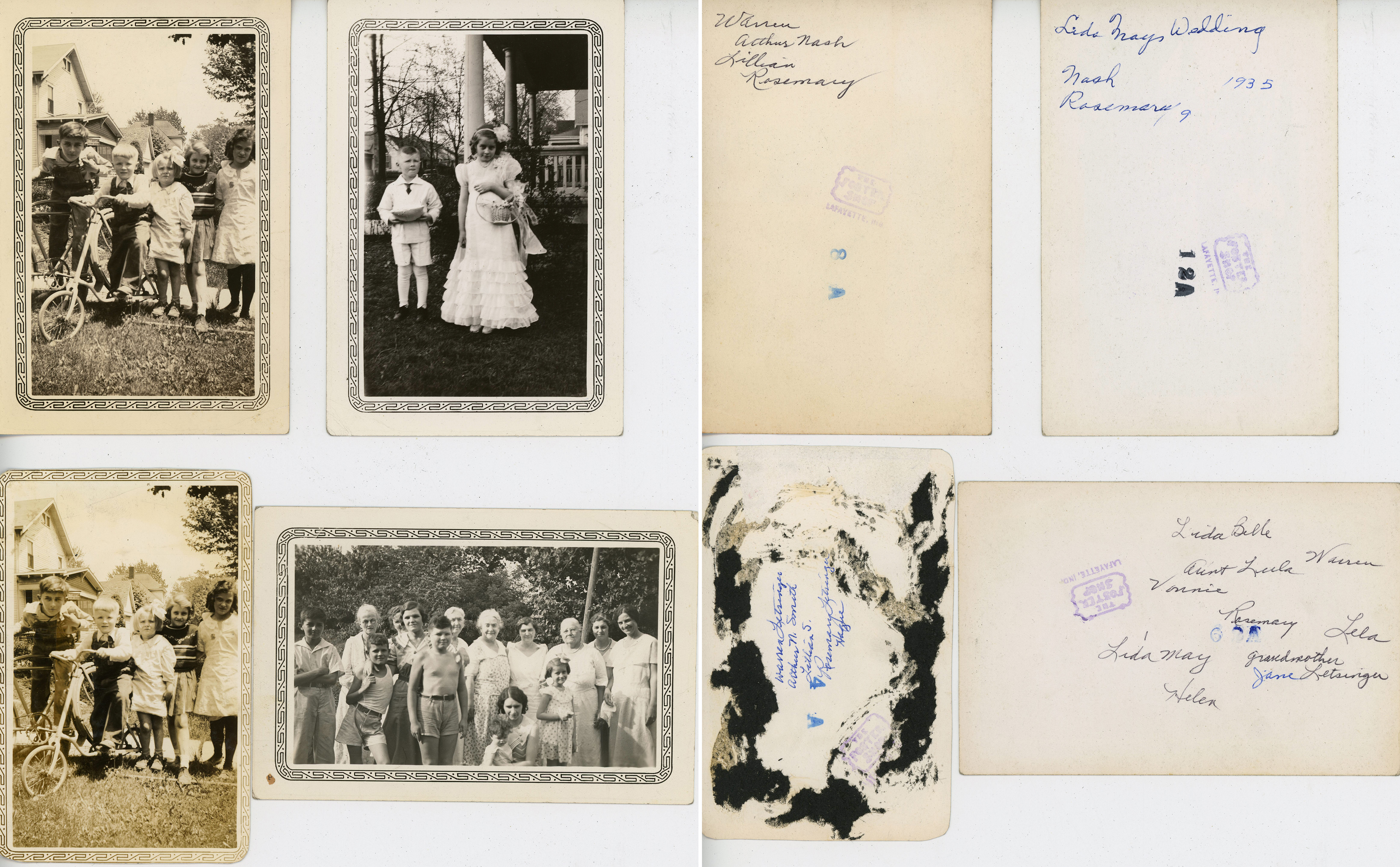 Warren, Arthur Nash Smith, Lillian S, Rosemary, ???. Nash and Rosemary at Lida May's wedding 1935, Warren (left) Lida May (kneeling maybe with Helen) Lida Belle, ???, Rosemary, Ida Jane. (Lela, Aunt Lula)