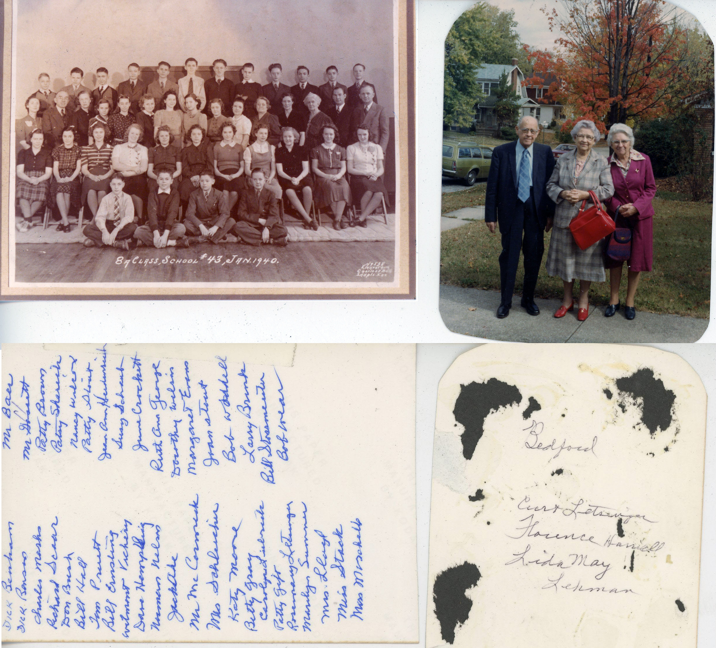 8A Class, School 43, Jan 1940 with names - Rosemary. 1980s? photo of Curt, Florence and Lida May in Bedford.