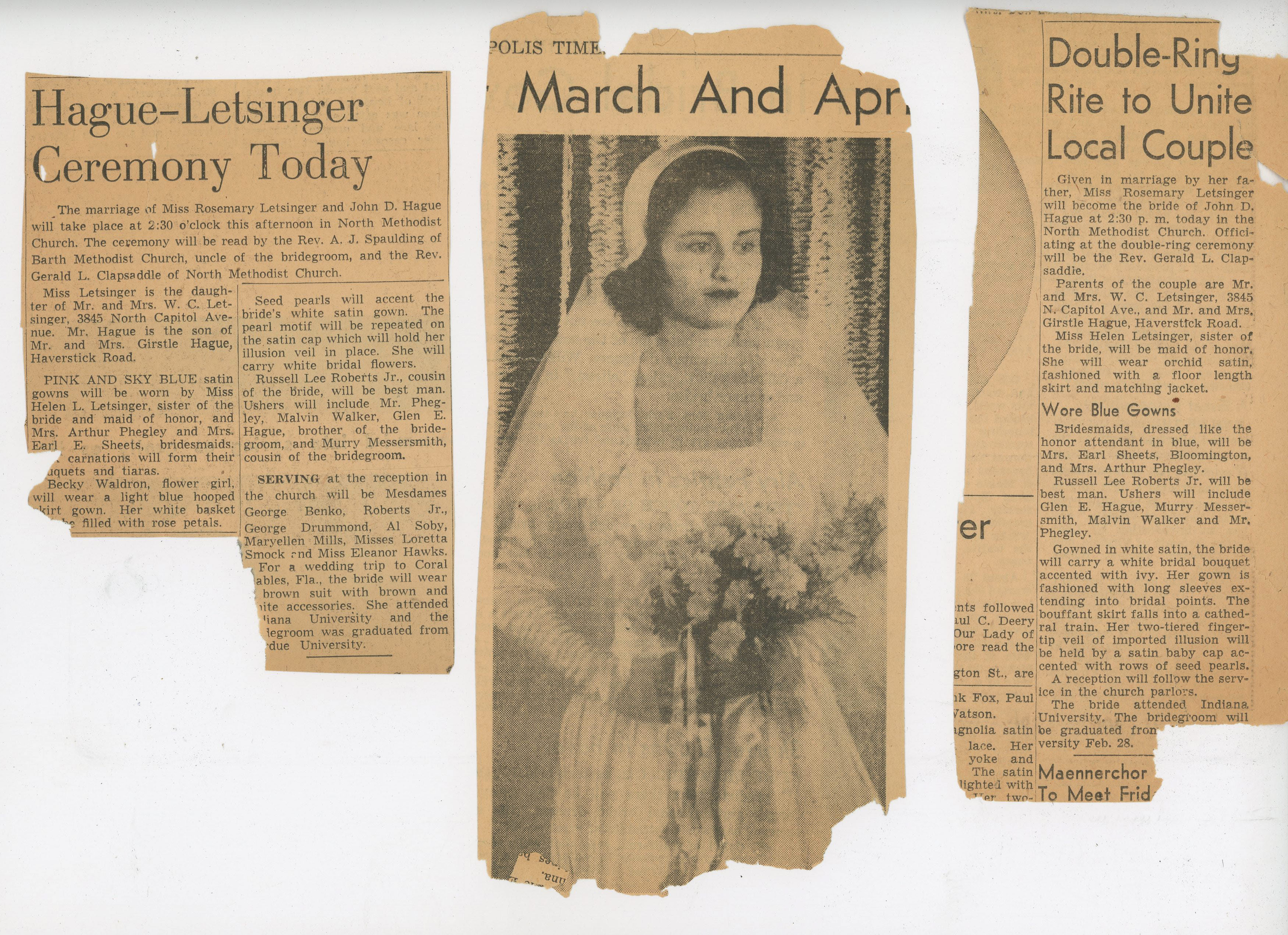 newspaper clippings - Hague - Letsinger wedding