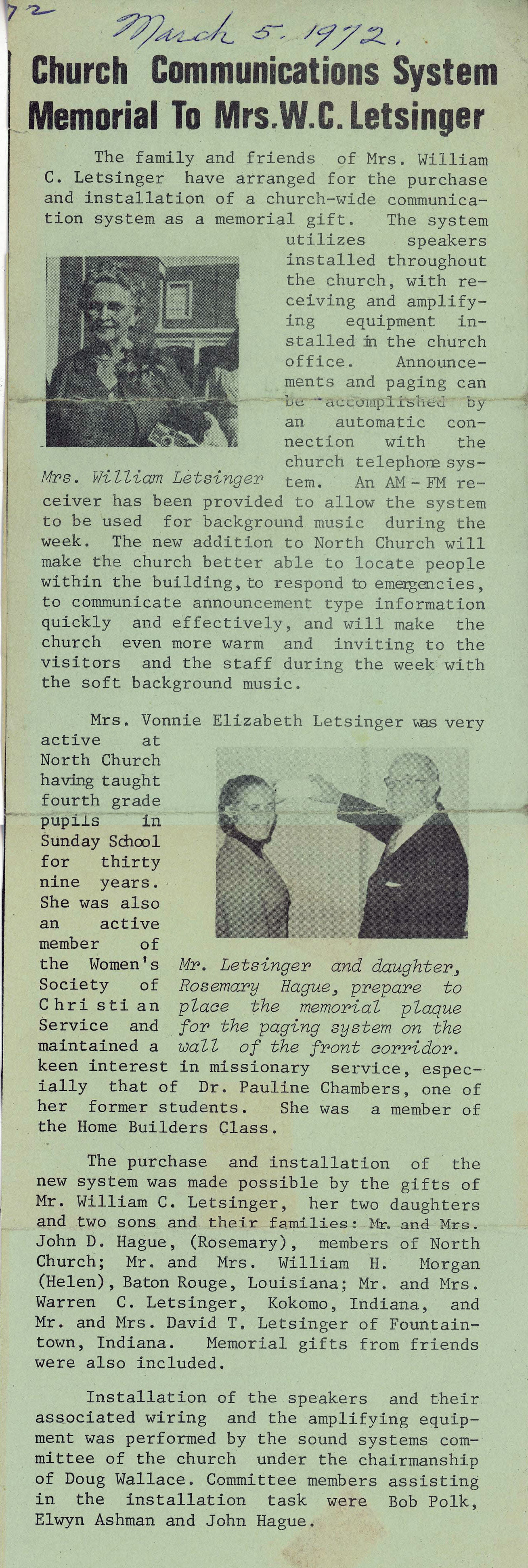 North Methodist Church bulletin - Vonnie Letsinger communications system