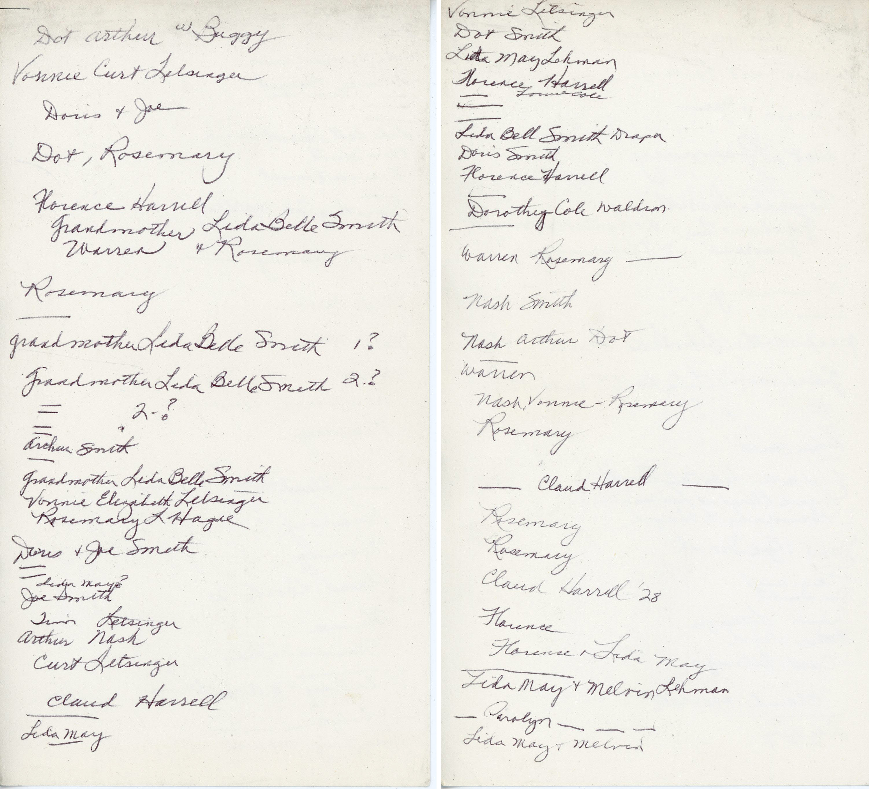 Rosemary's lists of names probably for photos in bag