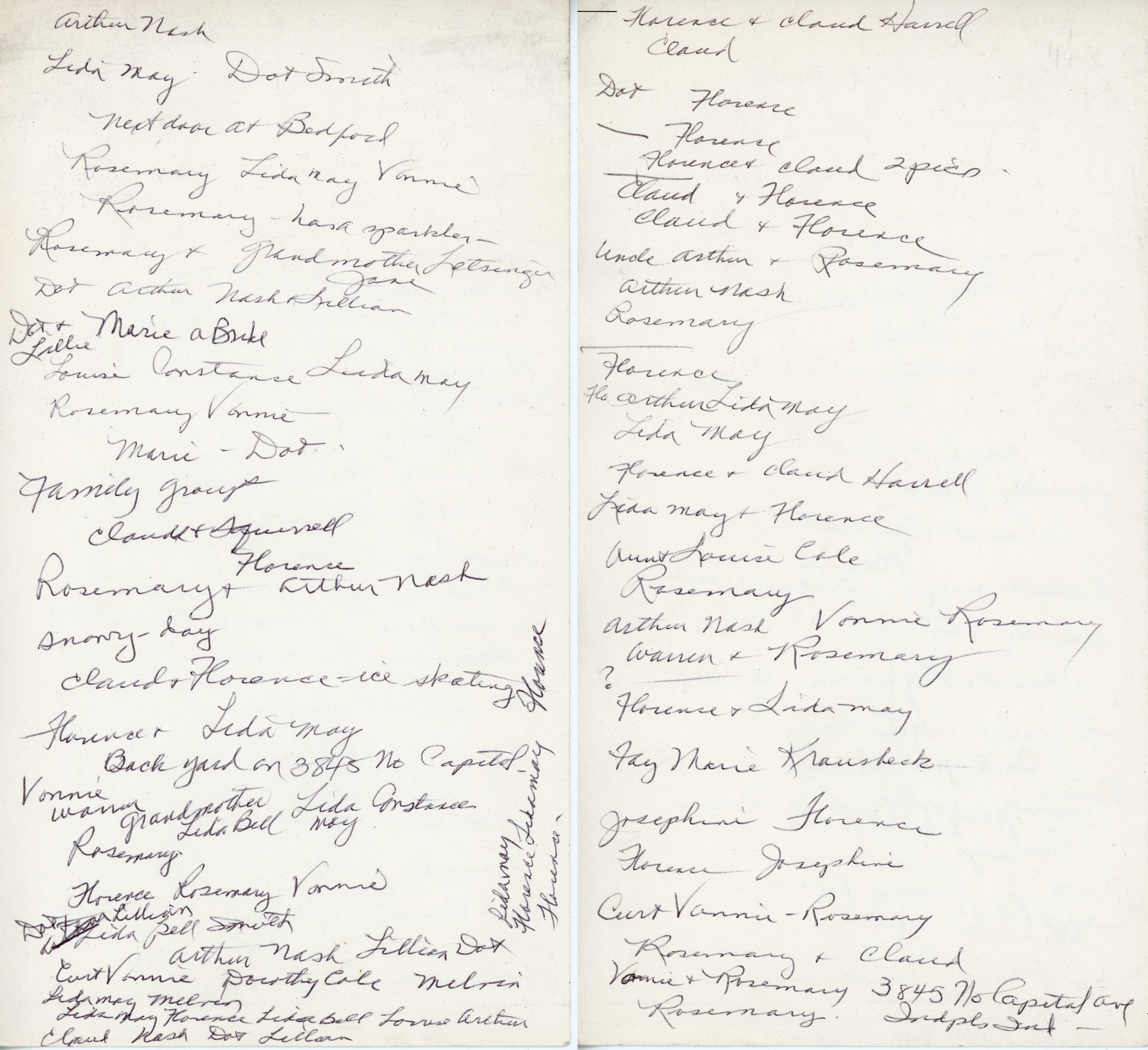 Rosemary's lists of names probably for photos in bag