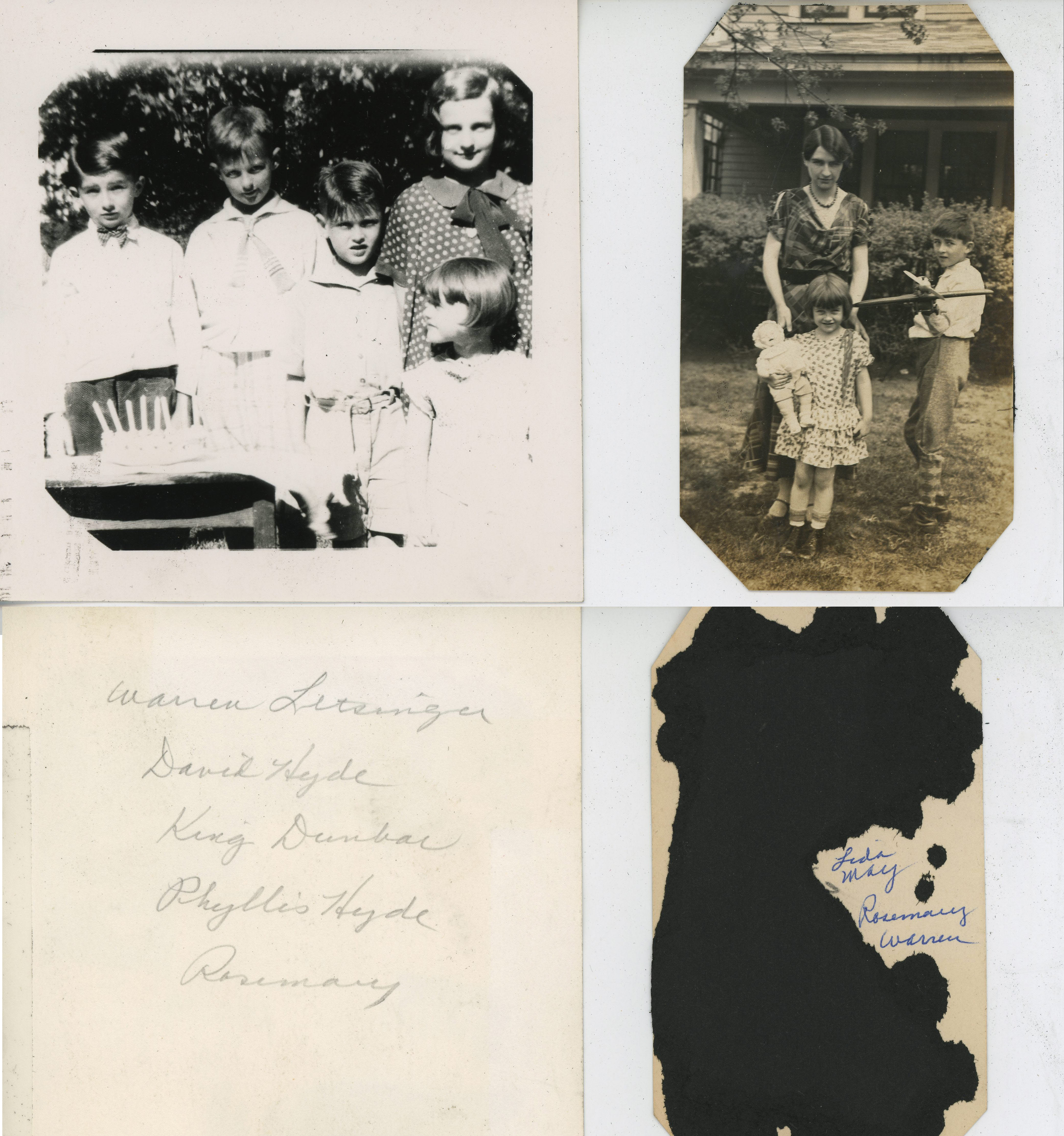 Birthday party - Warren, David Hyde, King Dunbar, Phyllis Hyde, Rosemary. Lida May, Rosemary and Warren in yard.