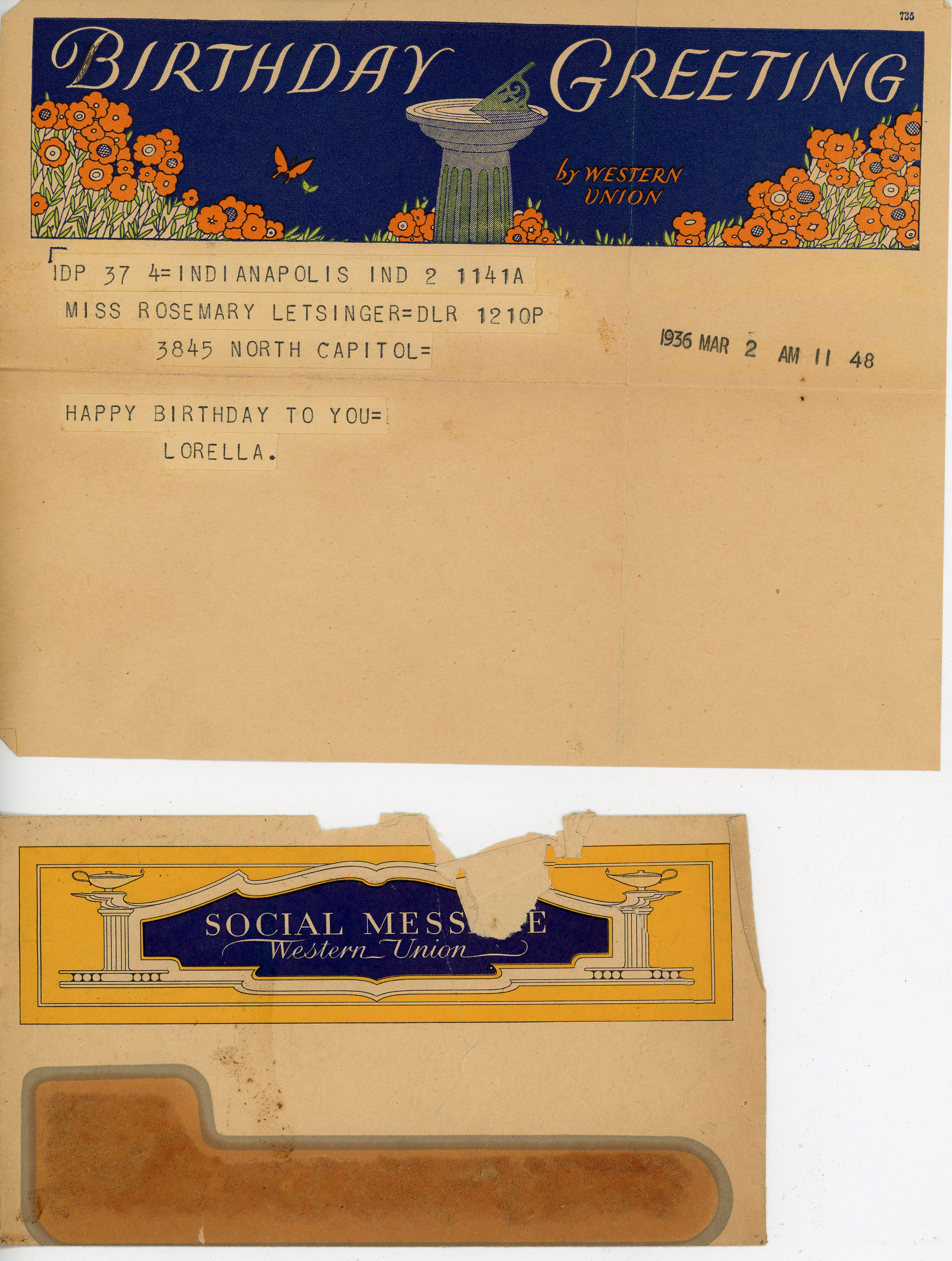 Birthday Greetings Western Union telegram to Rosemary from Lorella 1935