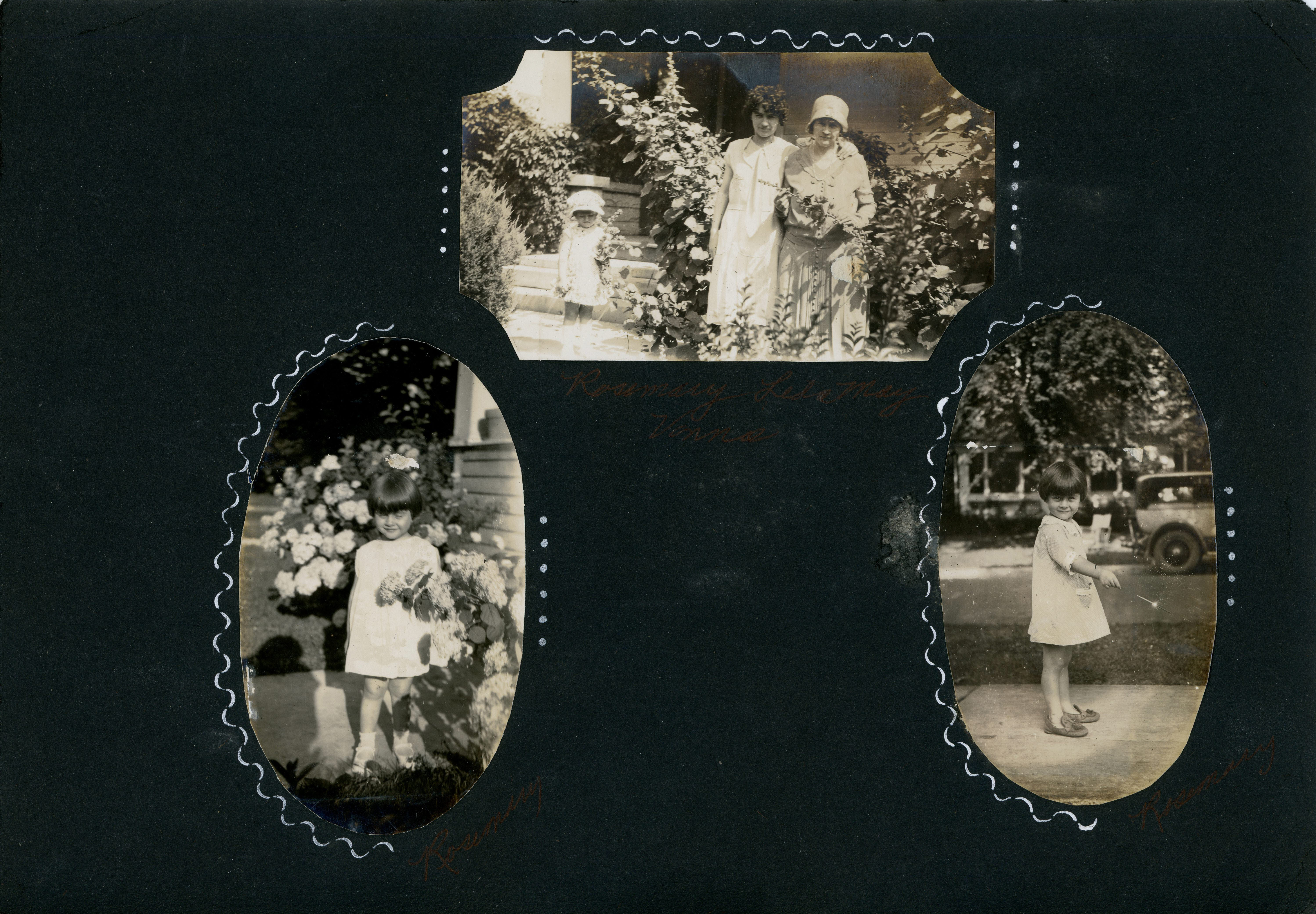 loose page - Rosemary, Lida May and Vonnie. Rosemary with sparkler. (many of these pages are duplicates of photos on bound pages)