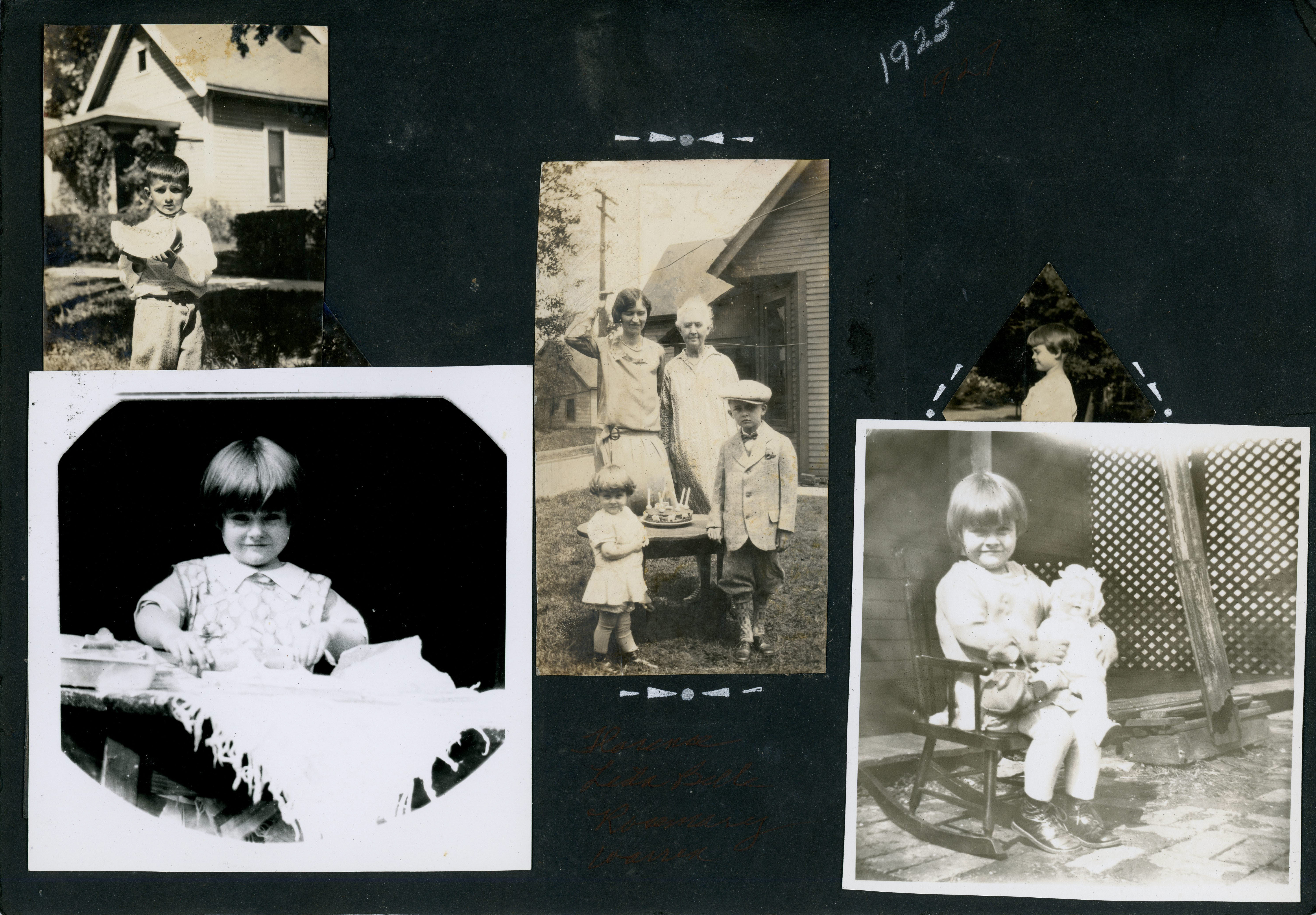loose page - square pictures - Rosemary cookie dough. Rosemary at 249 Hamilton. Center - 1925 - Florence, Lida Belle, Rosemary and Warren. Upper left - Warren with watermelon.