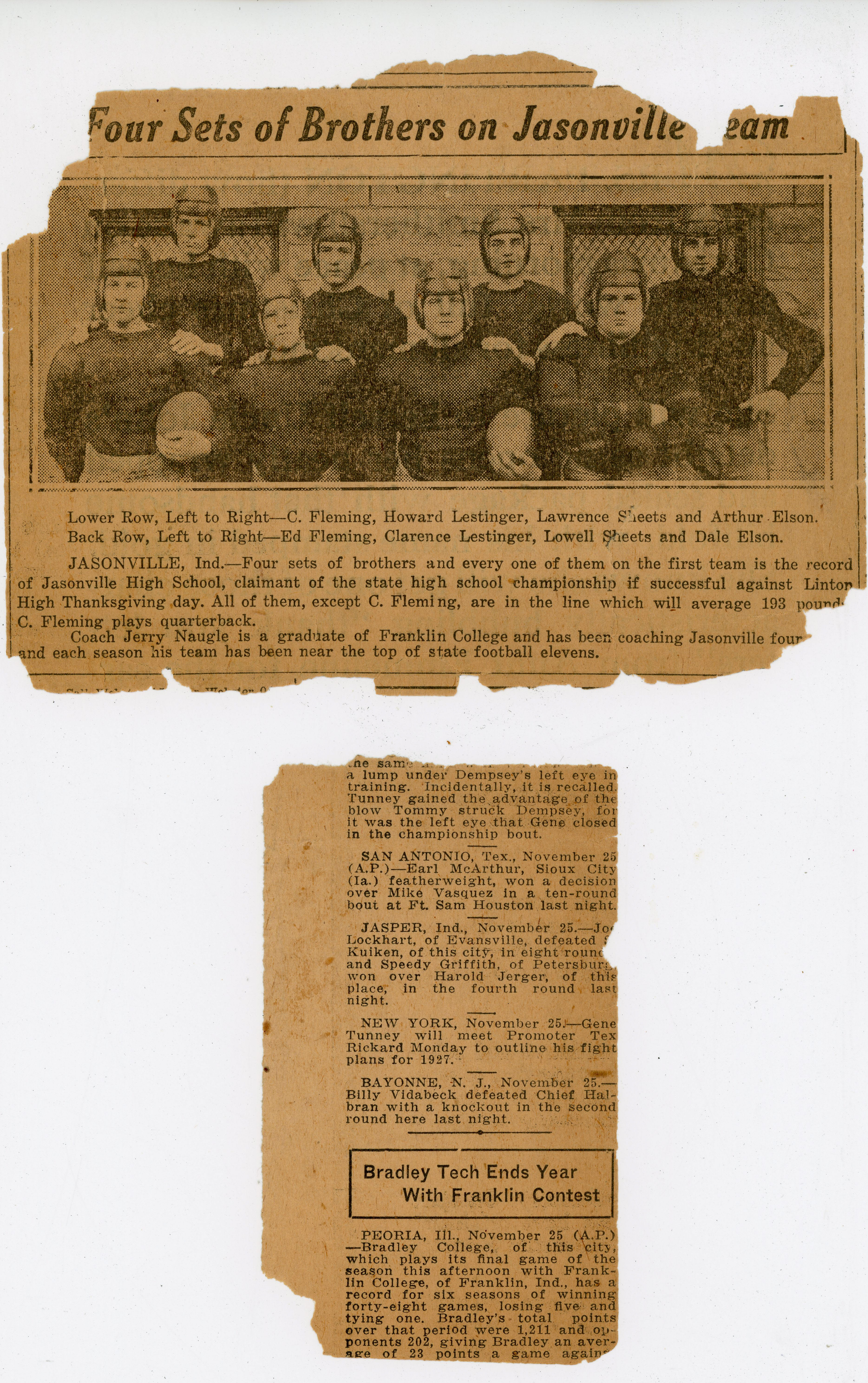 loose newspaper clippings - Four sets of brothers on Jasonville Team - Howard and Clarence Letsinger.