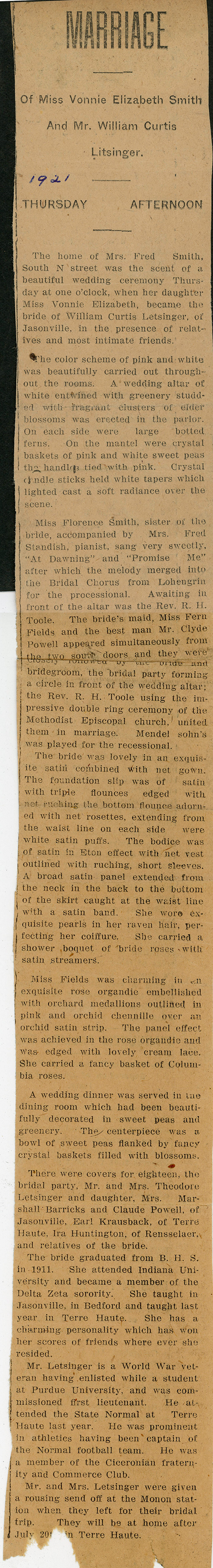 newspaper clipping unfolded - Smith-Letsinger Wedding (misspelled Litsinger) Bedford Daily Mail - July 2, 1921