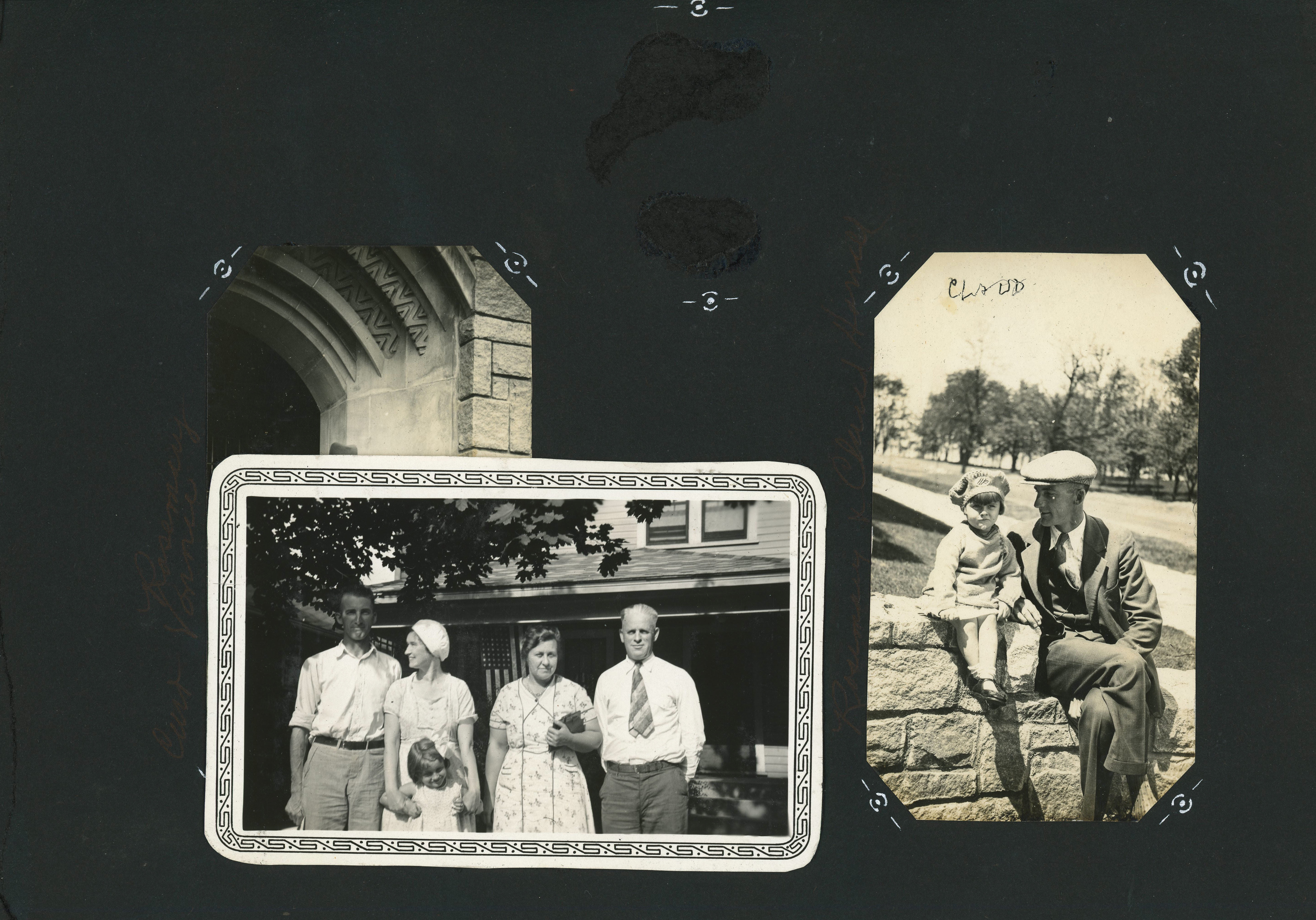 loose page - Probably Claud, Florence and Rosemary on left. Claud and Rosemary sitting on wall.