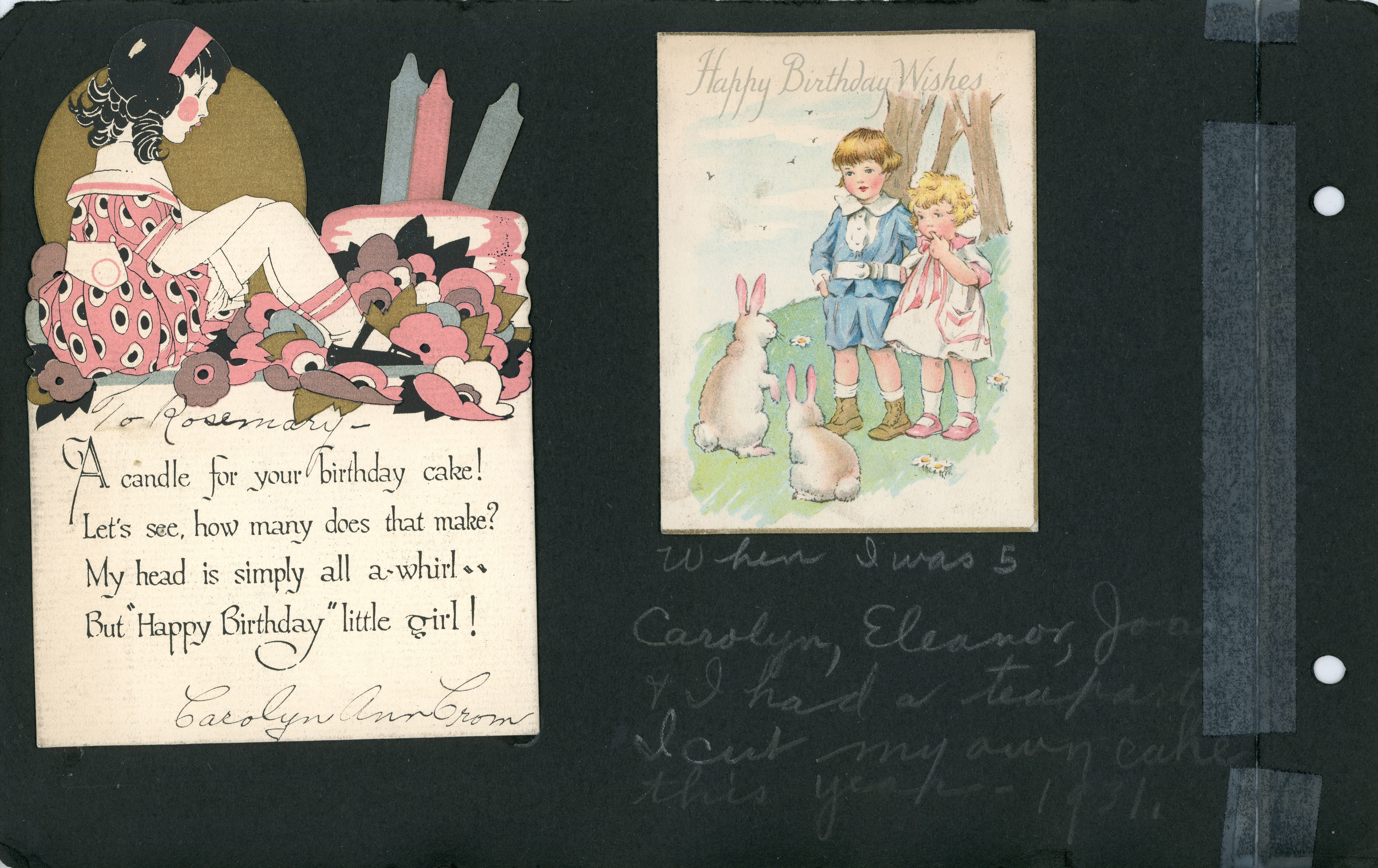 Birthday cards - When I was 5 Carolyn, Eleanor, Joan + I had a teaparty. I cut my own cake this year - 1931