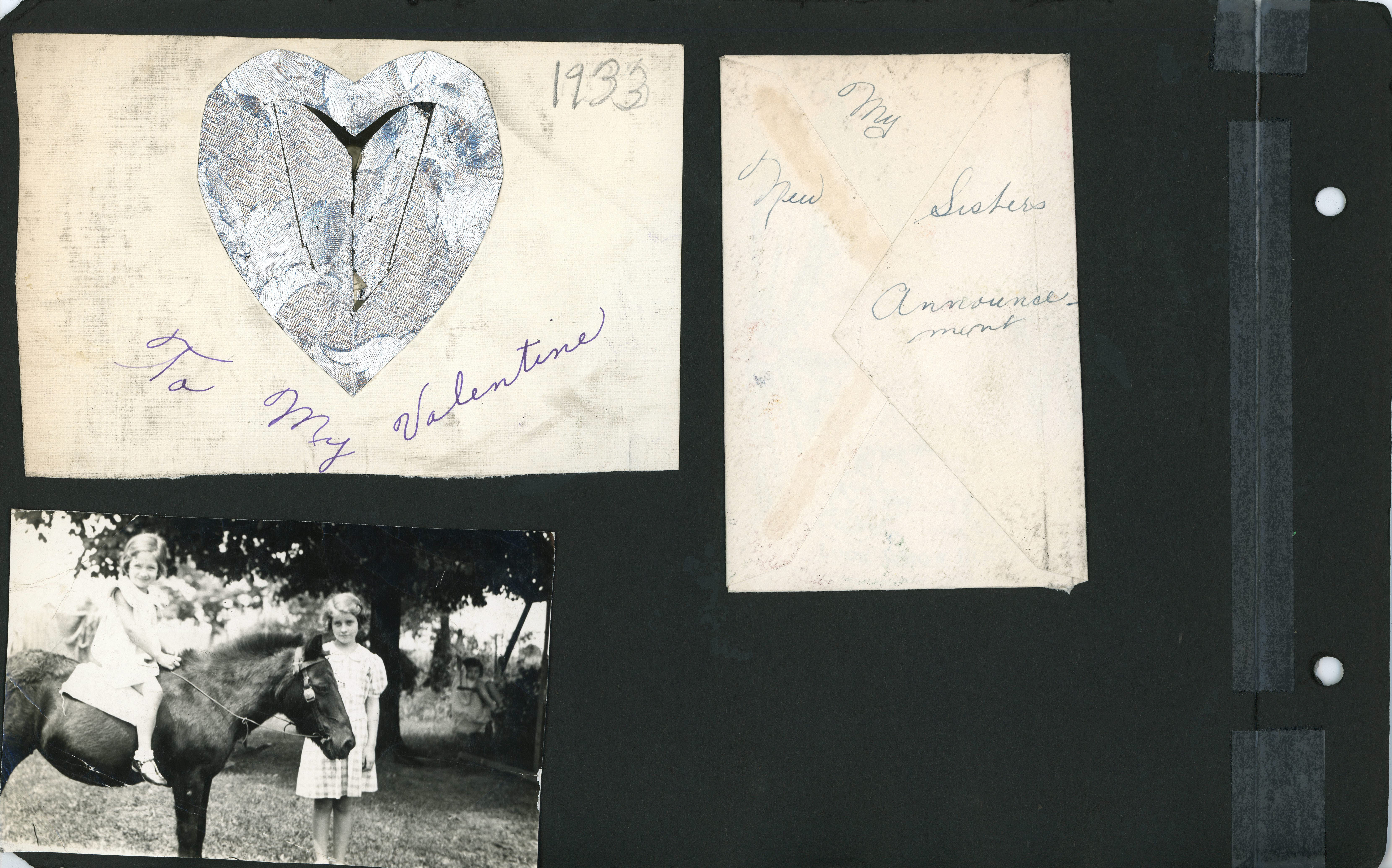 1933 To My Valentine - foil heart. Eleanor Jane Smith and Rosemary with horse. Envelope - My new sister's announcement