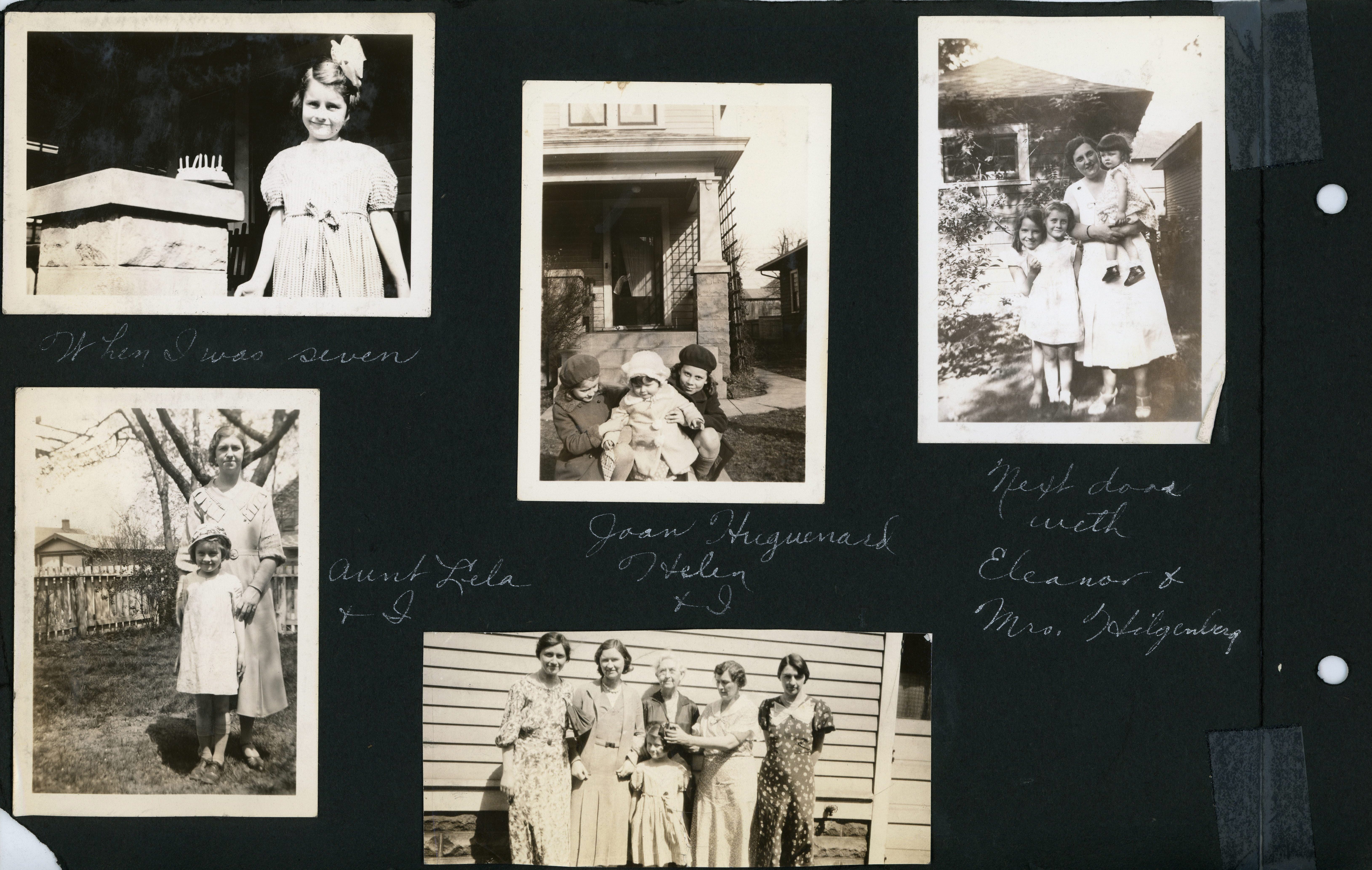 When I was seven - Rosemary with cake on porch. Aunt Lela + I. Joan Huguenard, Helen + 1 in front of 3845. Next door with Eleanor + Mrs Hilgenberg. Could be Lida May, Dorothy, Lida Belle, Vonnie, Florence, and Rosemary