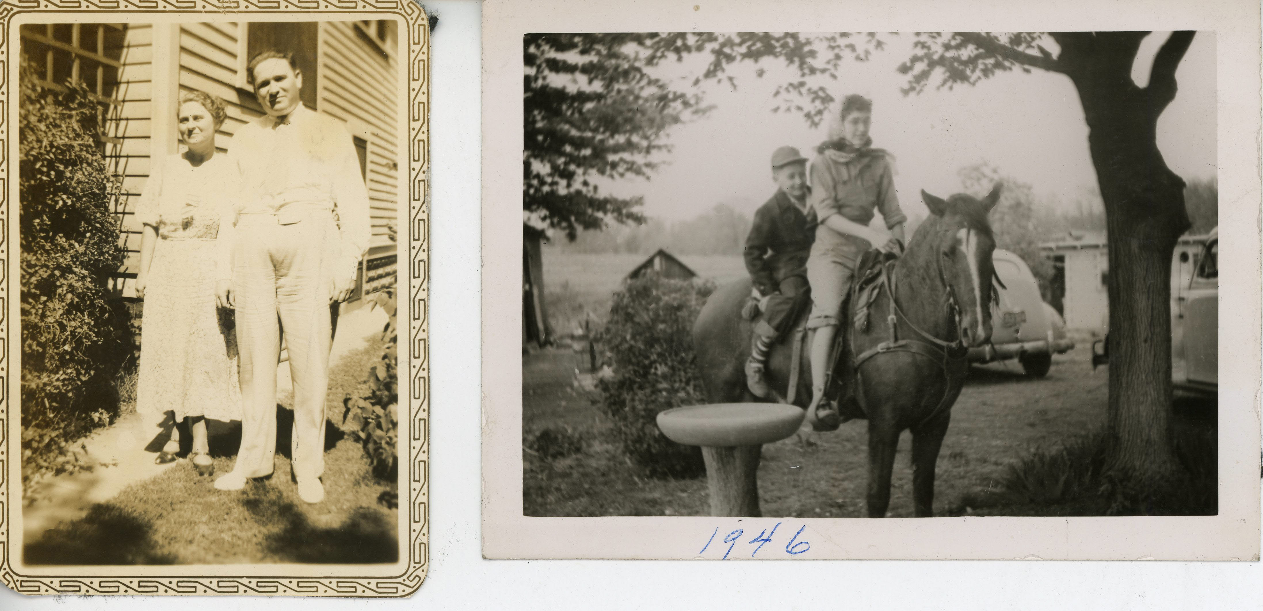 loose photos - From California Carl Draper. David and Eleanor Smith on Mickey - Summer 1946