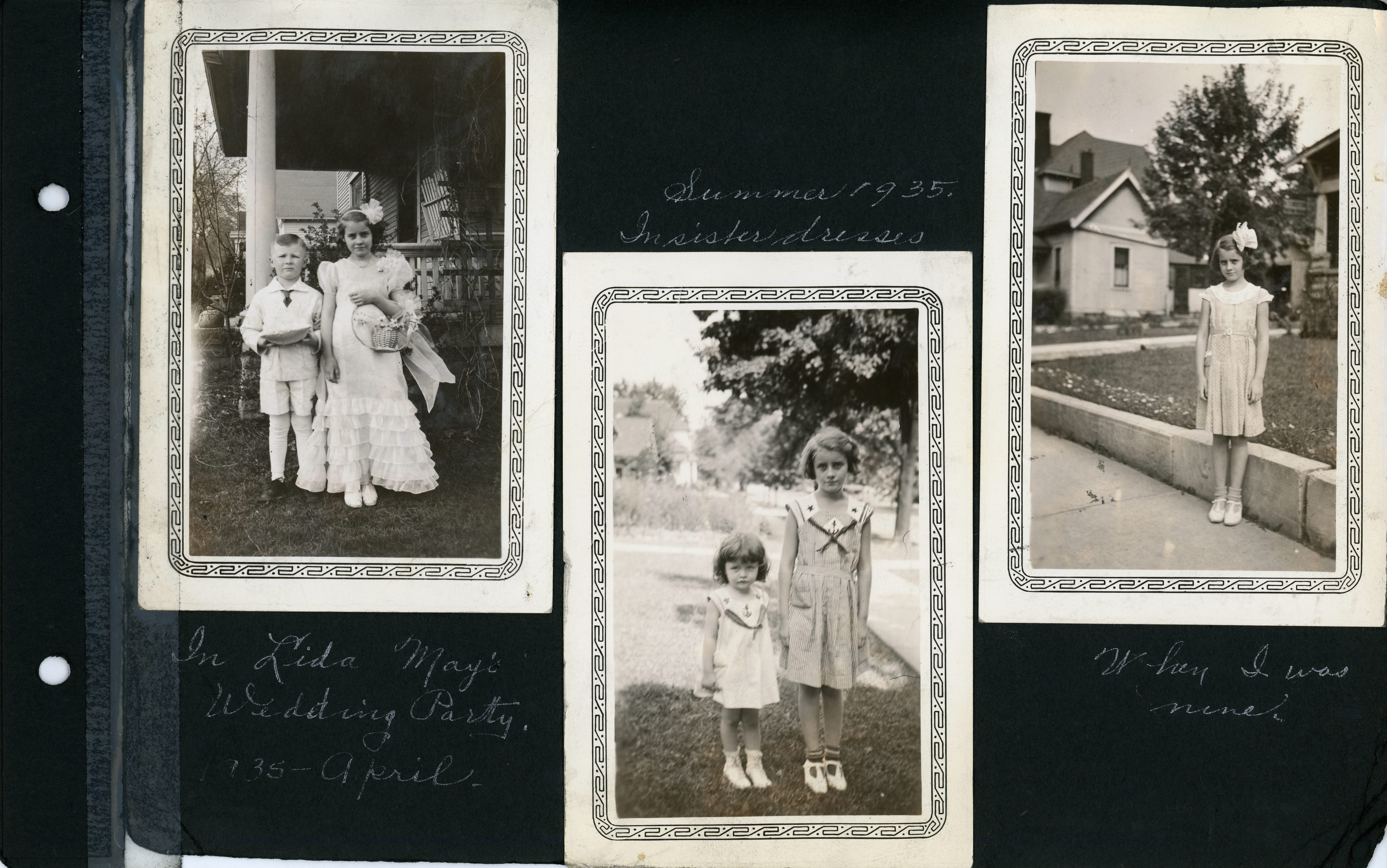 In Lida May's wedding party - 1935 April. Summer 1935 in sister dresses - Rosemary and Helen. When I was nine - Rosemary on sidewalk.