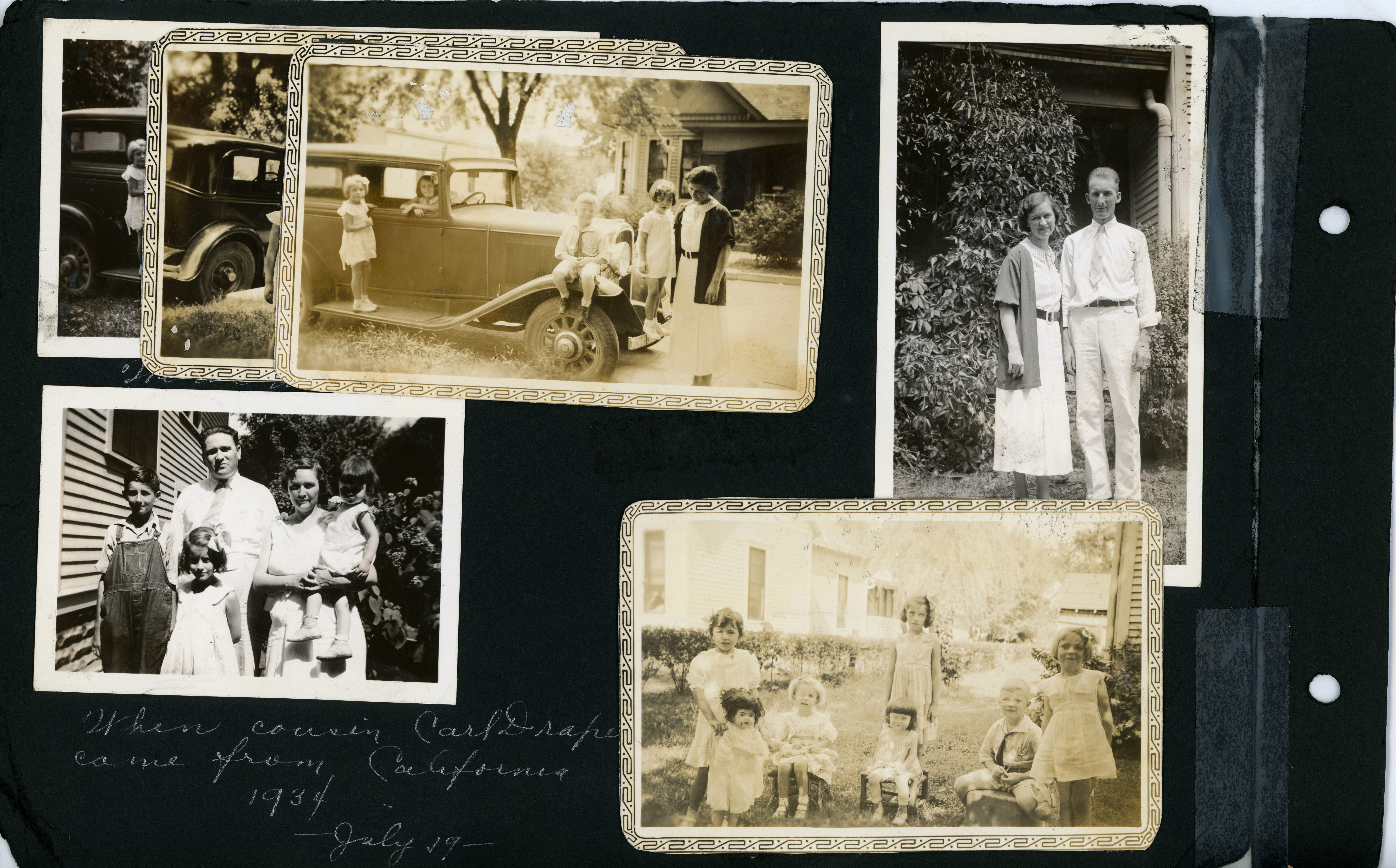 When cousin Carl Draper came from California 1934 - Warren, Rosemary, Vonnie and Helen. Kids on car - , Florence. Kids in yard - Rosemary, Helen, Arthur Nash, Lillian. Florence and Claud.