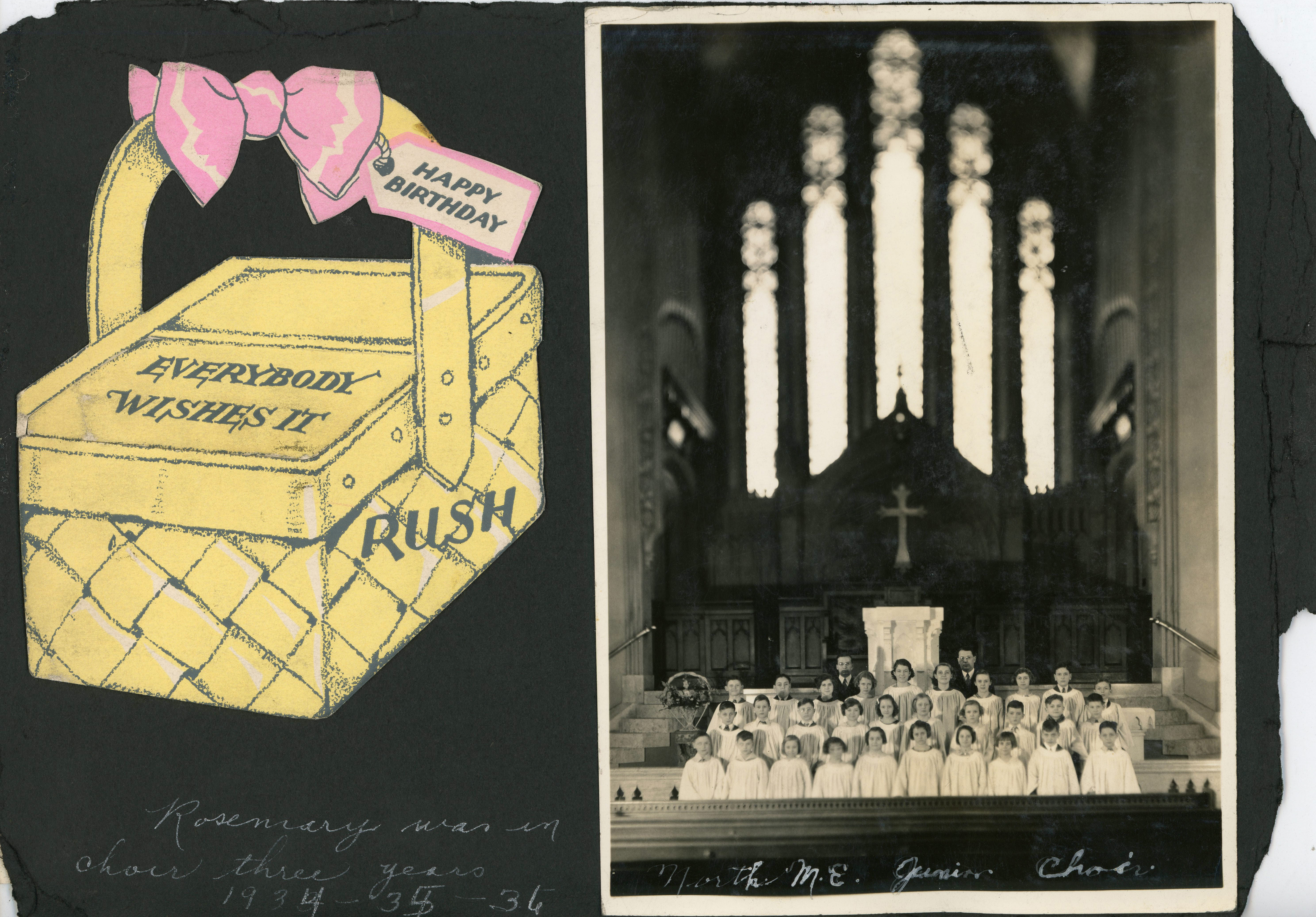 Happy Birthday card. North M.E. Junior Choir in sanctuary. Rosemary was in choir three years 1934-35-36