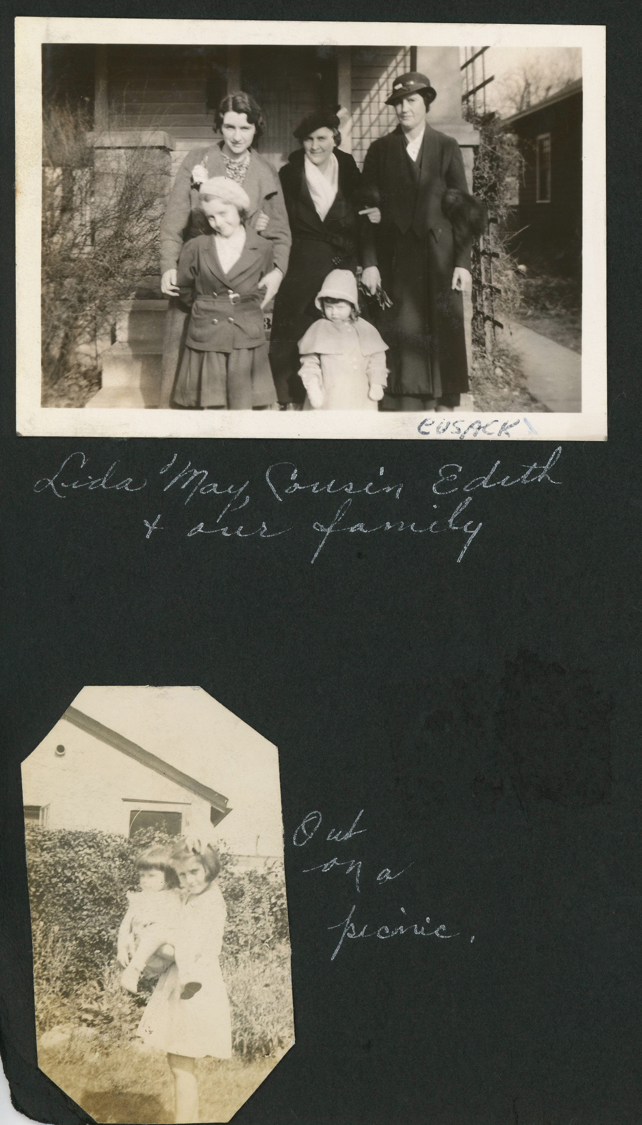 photos beneath - Lida May, cousin Edith (Cusack) + our family. Out on a picnic - Rosemary and Helen