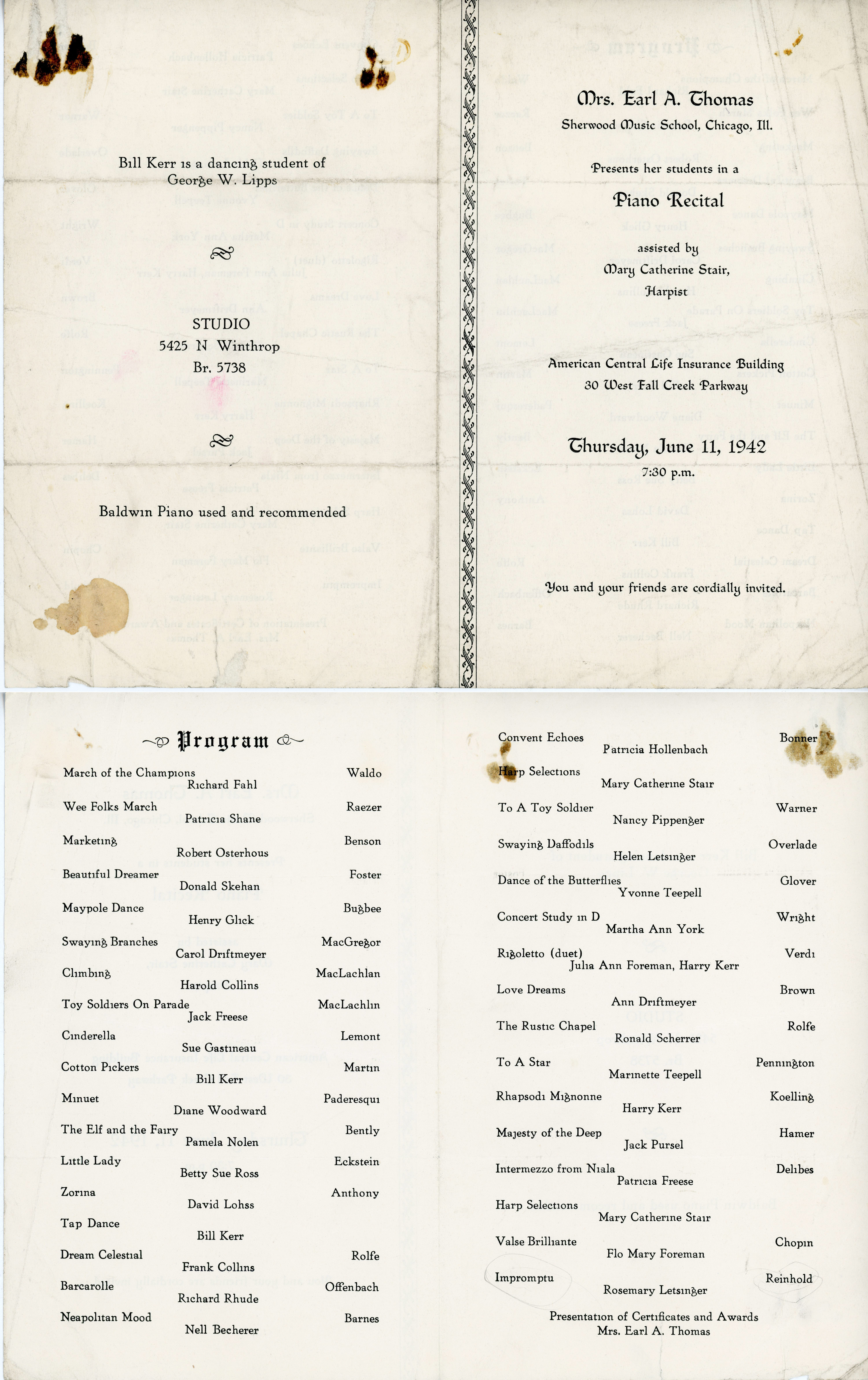 loose program - Mrs Earl A Thomas Piano Recital 1942 - Rosemary