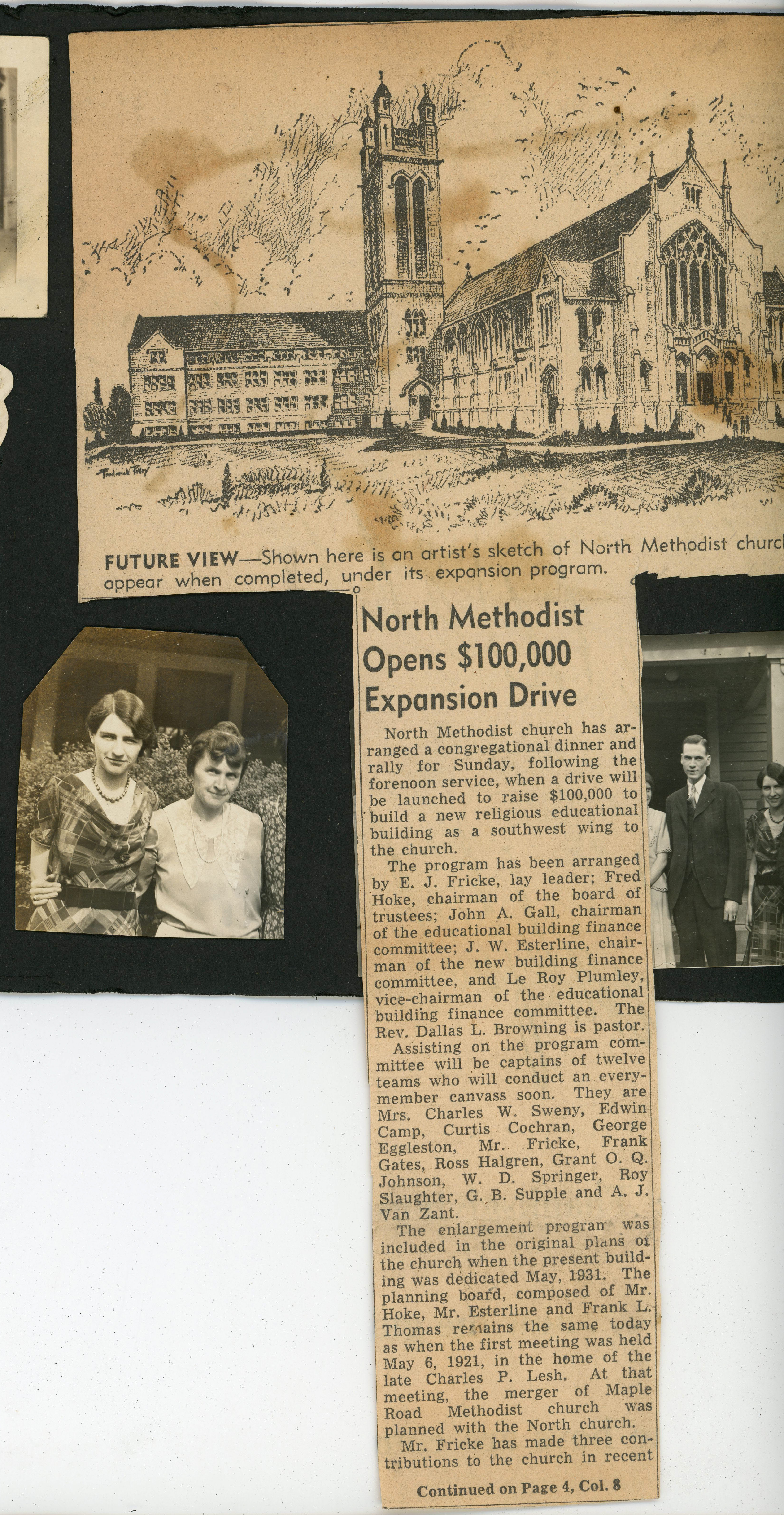 newspaper clipping unfolded - North Methodist opens $100000 expansion drive. Lida May and Vonnie
