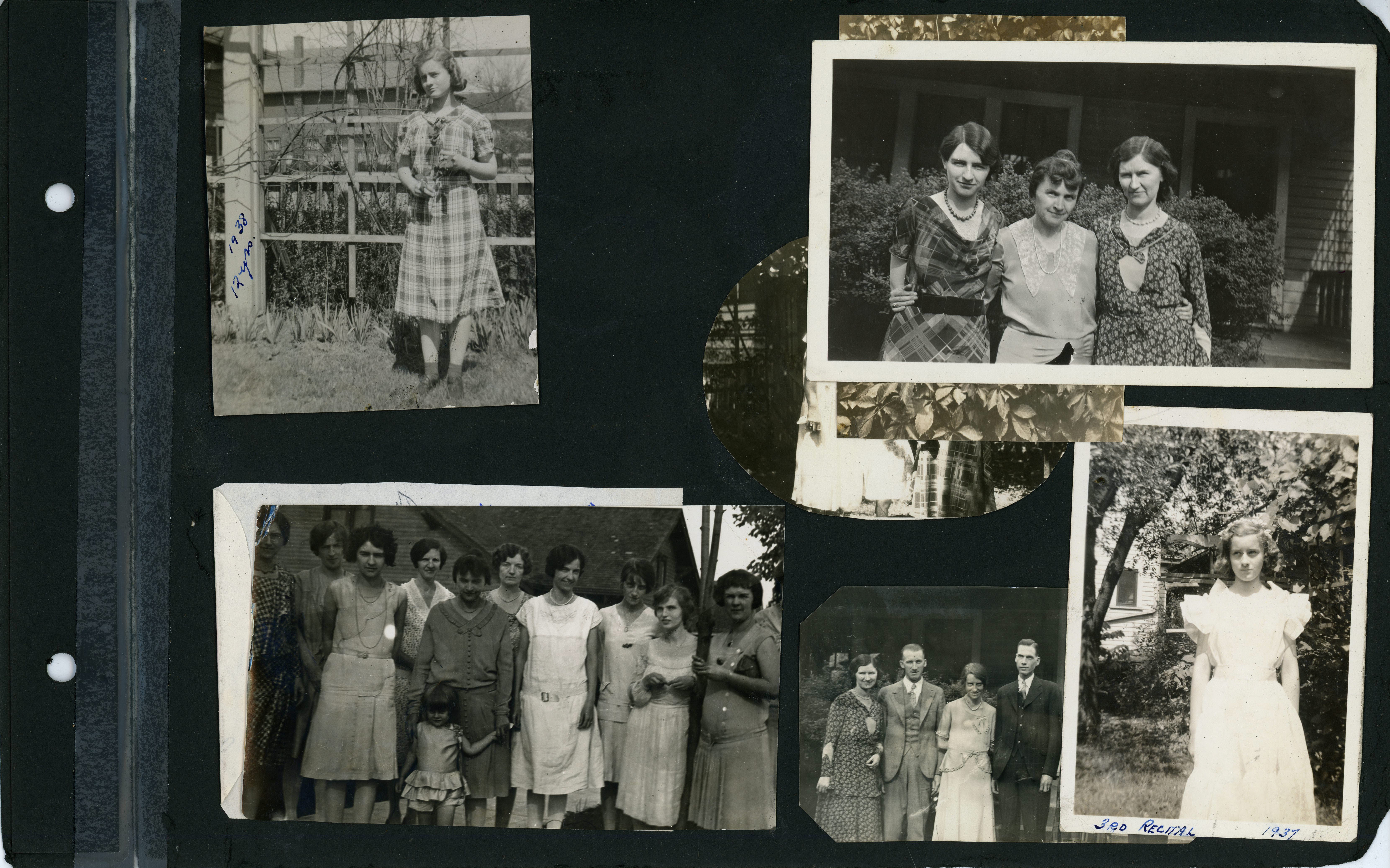 Rosemary 12 years old 1938. Florence, Vonnie, Lida May. Rosemary 1937 dressed for 3rd piano recital. lower left - Rosemary note seems out of order - Lida May, Vonnie, Rosemary, Marie, Constance, Dot, Ruth Meglemre, Florence, Claud, Earl Melvin