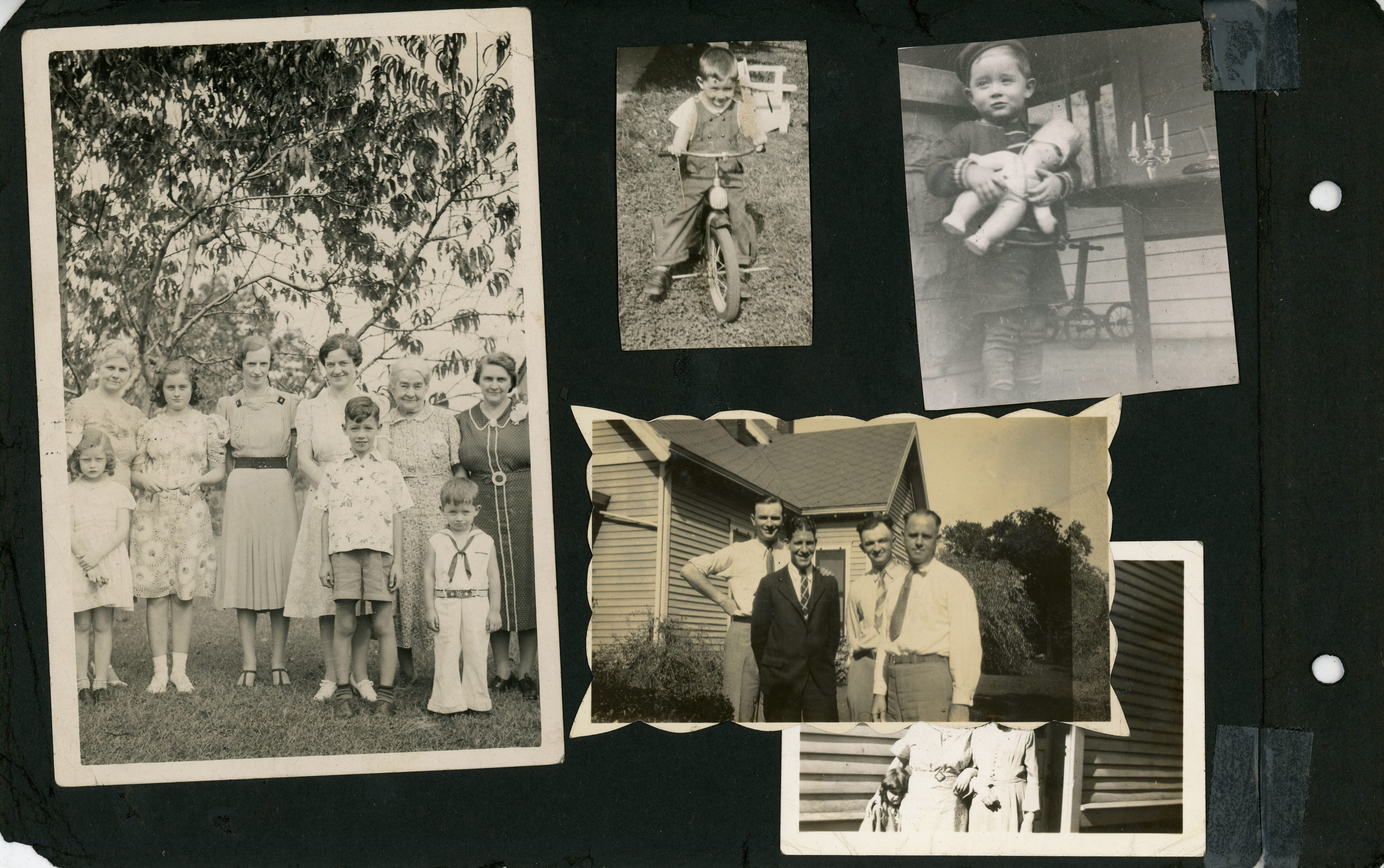 1939 - Inez Miller, Dora Schmidt Armstrong, Marie Anderson, Mrs Roy, Wilber Anderson, Aunt Lula Maglenre, Vonnie, Rosemary, Helen, David. David on tricycle. David with doll. Letsingers - Joe, Tim, Arthur, Curt.