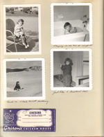 Susan at tub at Moffett Motel. Beach on 17 Mile drive at Monterey. Cinerama ticket Grison's Chicken House