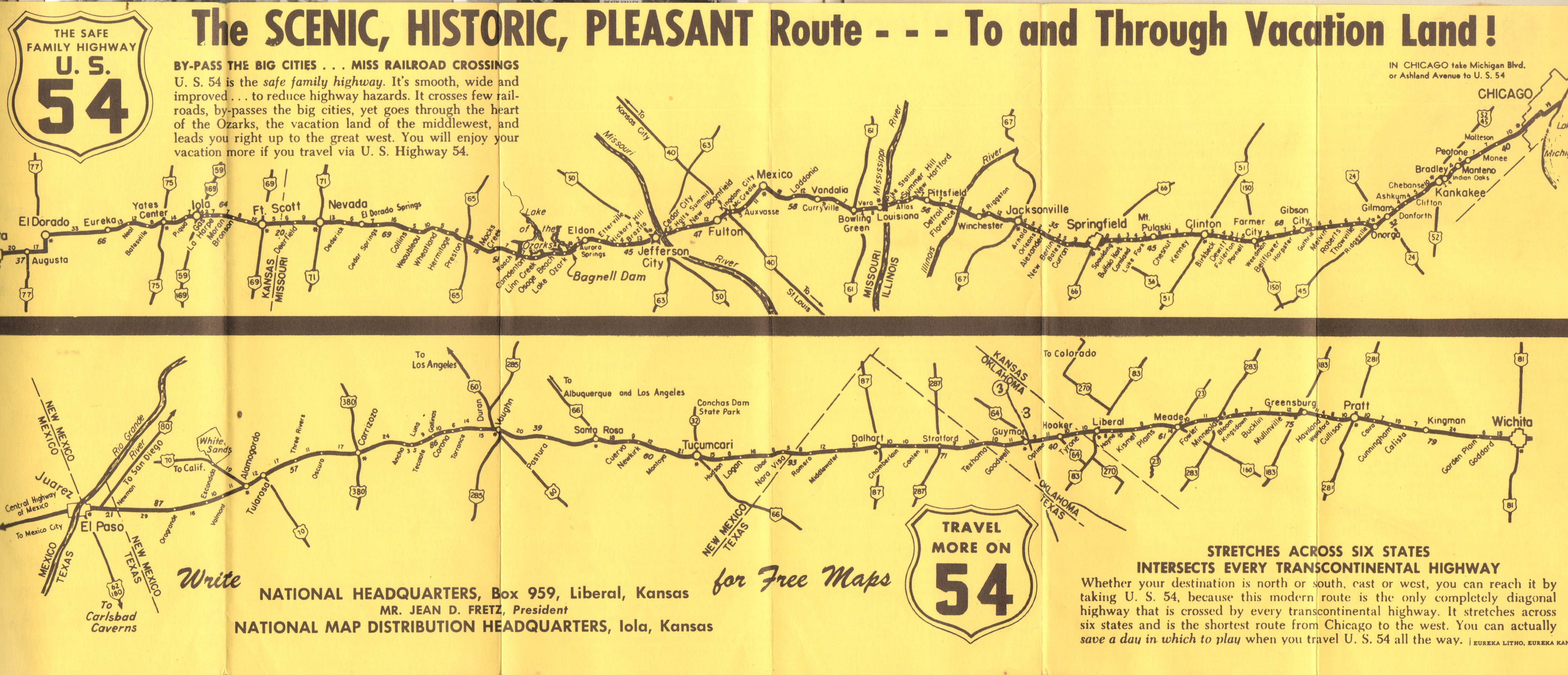 Scenic historic pleasant US Highway 54 map