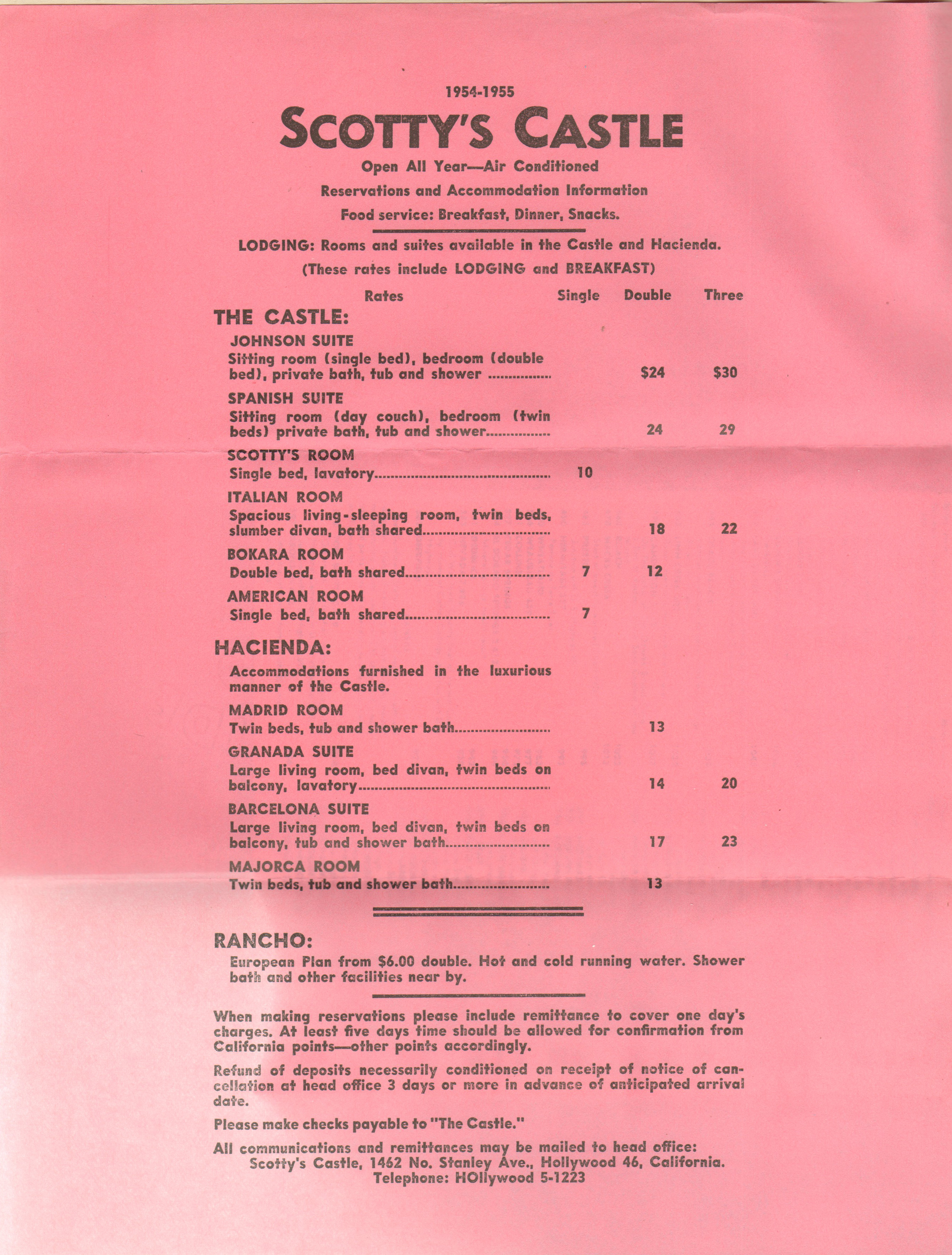 Scotty's Castle rate sheet