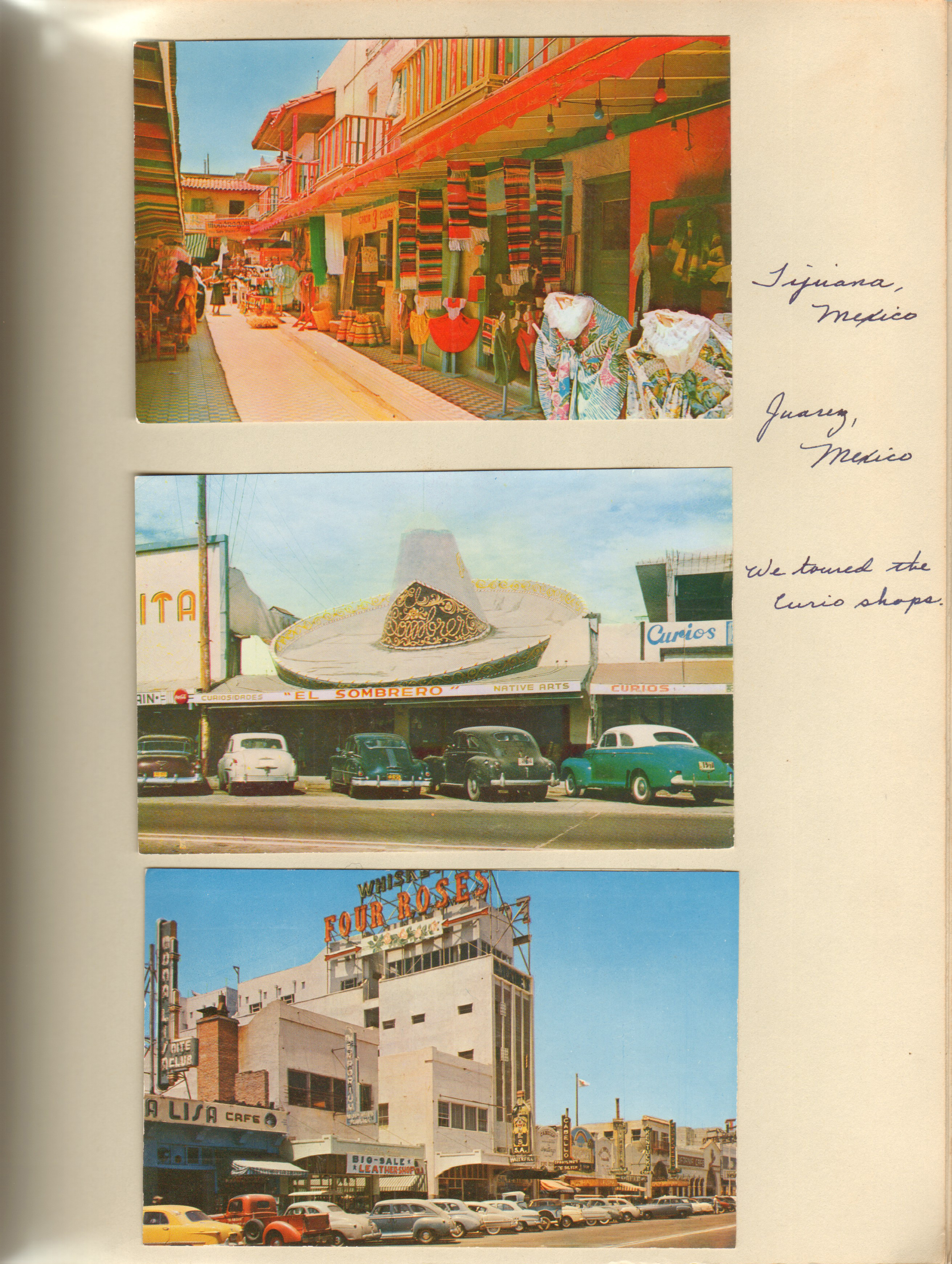 postcards - Tijuana Mexico, Juarez Mexico, Four Roses Whiskey, El Sombrero curio shop