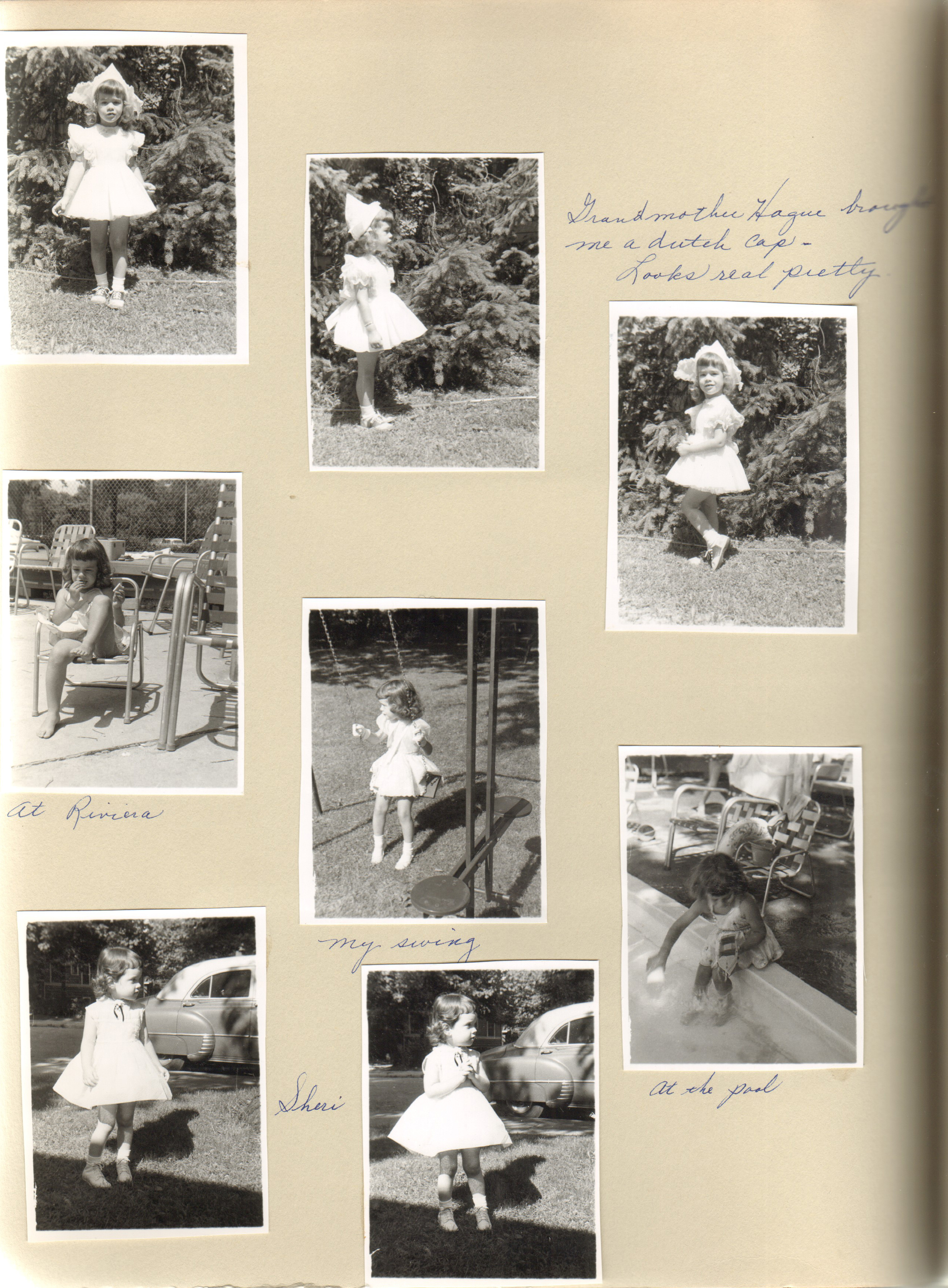 Grandmother Hague bought me a Dutch cap. Riviera Club Susan, Sheri in yard with car