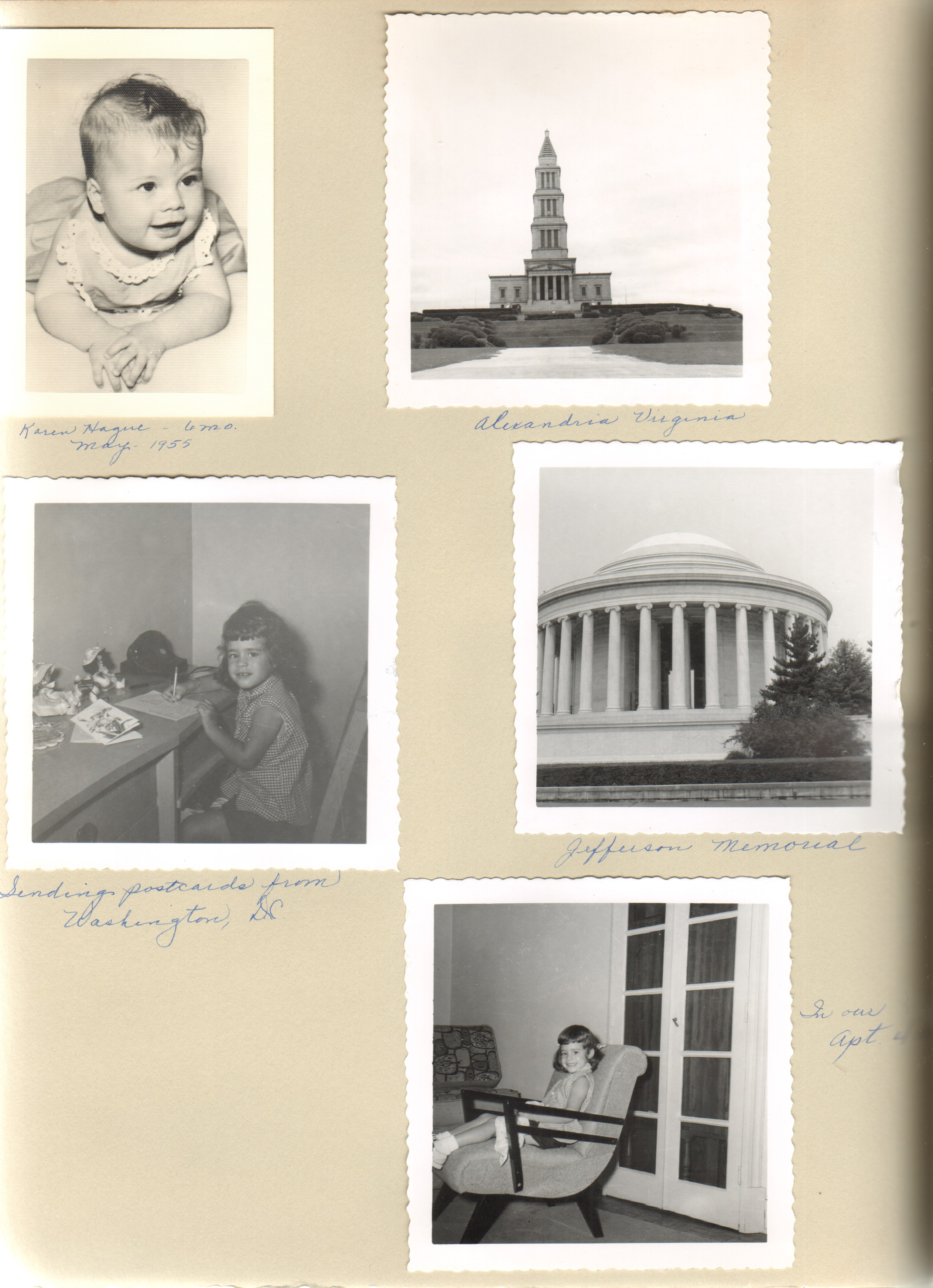 Karen Hague 6 mo. May 1955. Alexandria Virginia, Susan sending postcards, Jefferson Memorial