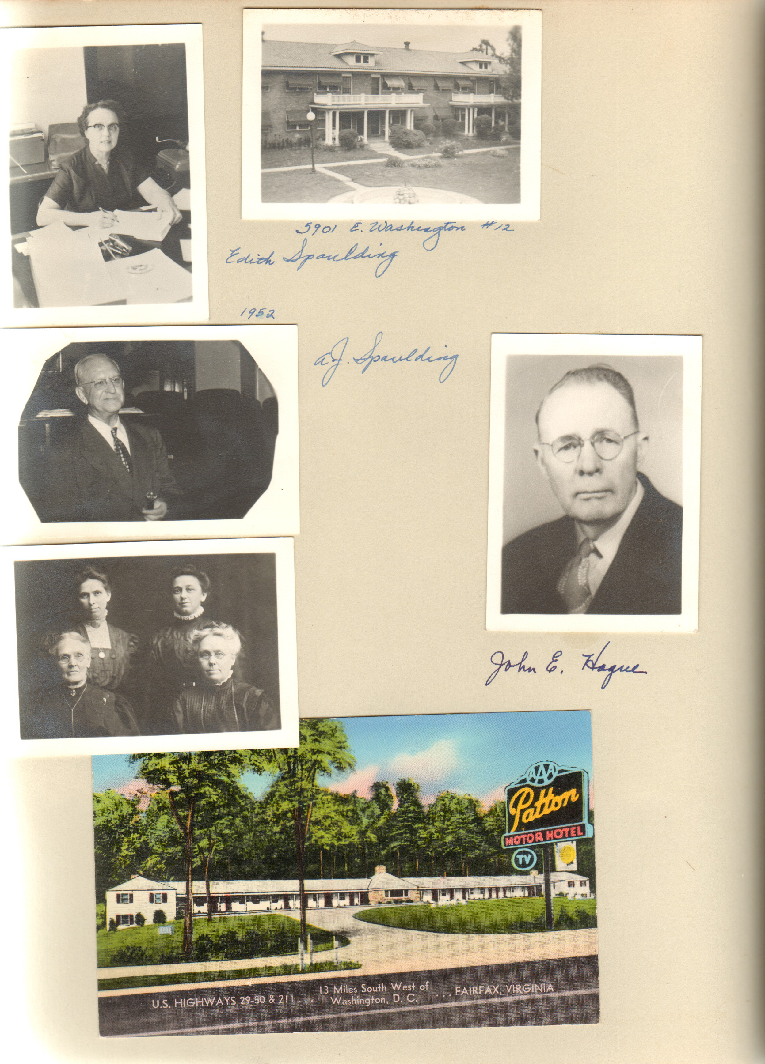 Edith and AJ Spaulding 1952. 5901 E Washington #12. John E Hague. Patton Motel Hotel postcard. old family photo four women