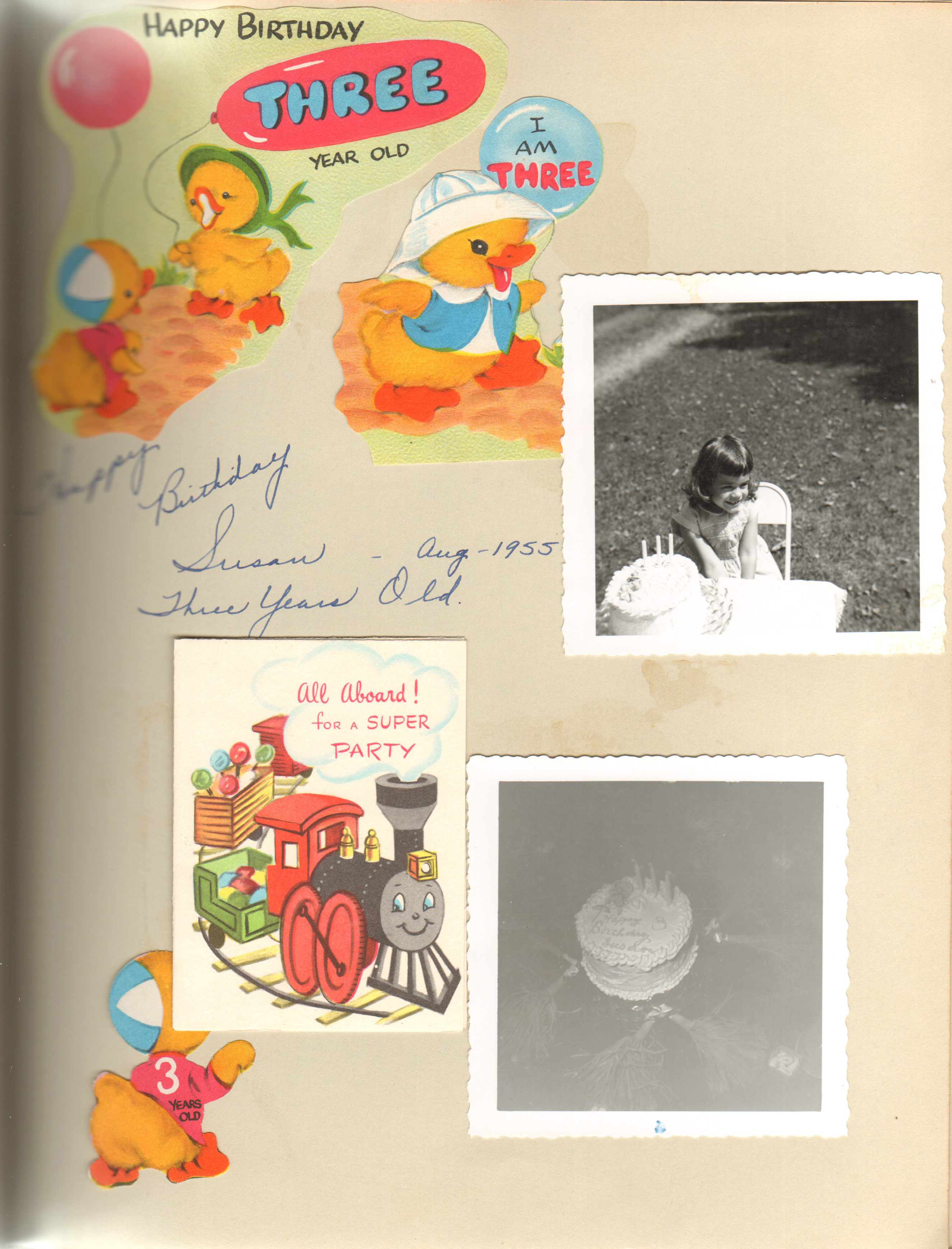 Birthday cards. Susan 3 years old Aug 1955. Cake, 6122 yard