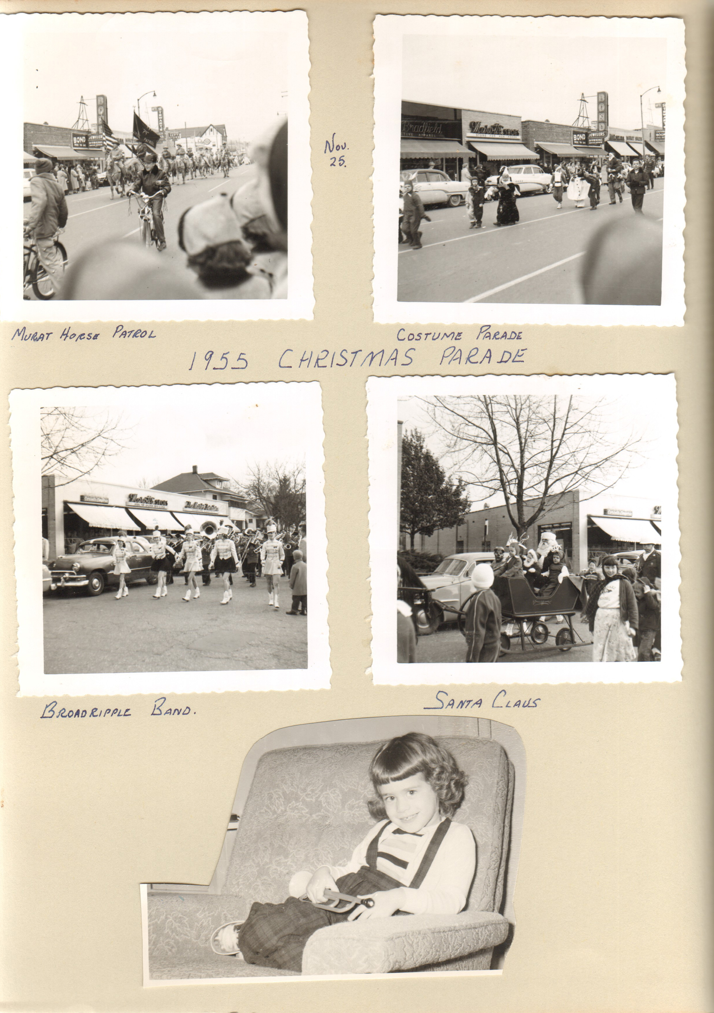 1955 Broad Ripple Christmas parade. Murat Horse Patrol. BRHS band. Santa Claus. Carrollton shops, Broad Ripple Avenue shops
