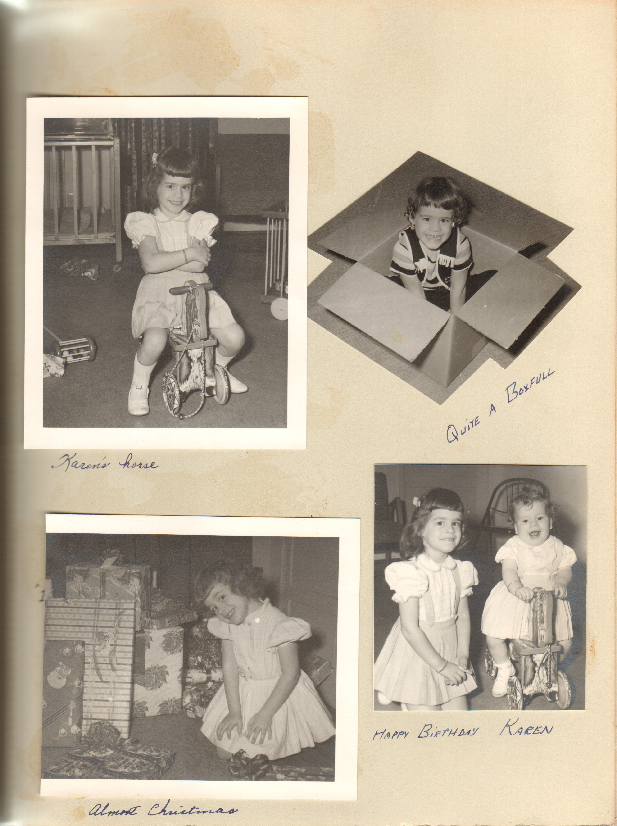Susan on Karen's horse toy. In a box. Almost Christmas. happy Birthday Karen