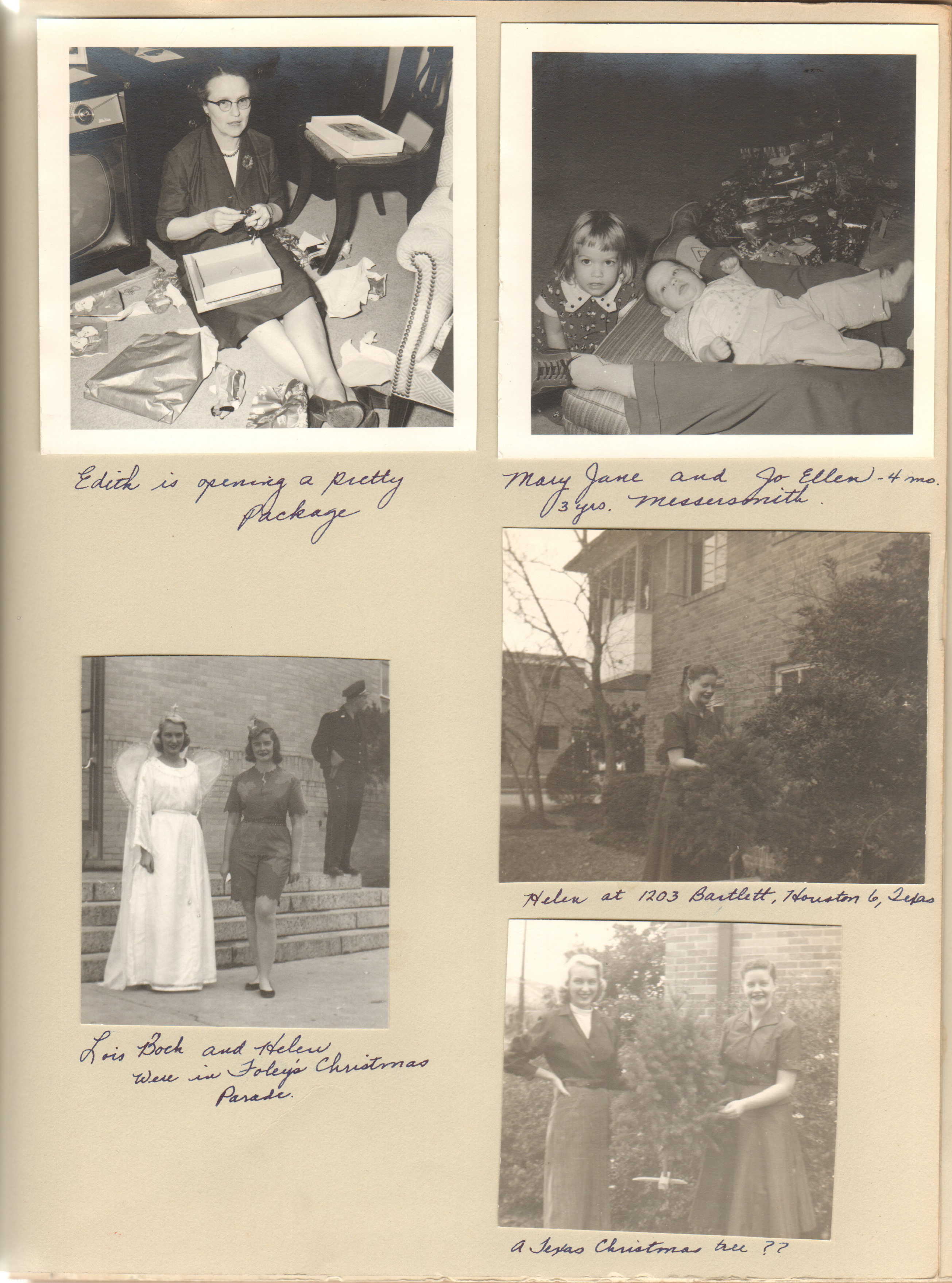 Edith packages. Mary Jane and Jo Ellen Messersmith 3 yrs 4 mo. Lois Bock and Helen Foley's Christmas Parade. Helen at 1203 Bartlett Houston