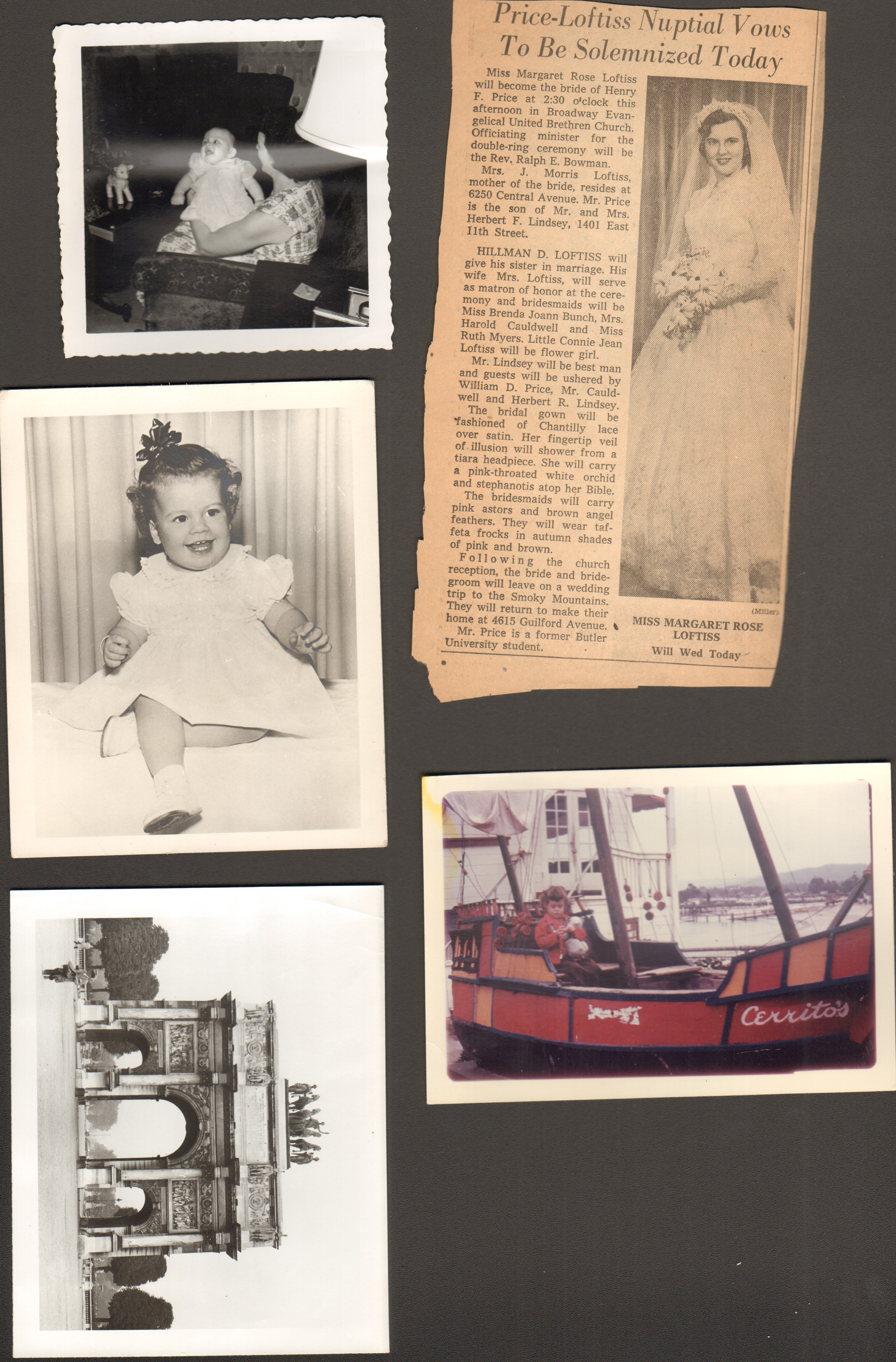 Price-Loftiss wedding. Susan in Cerrito's ship. Arc D'triomphe. Karen.