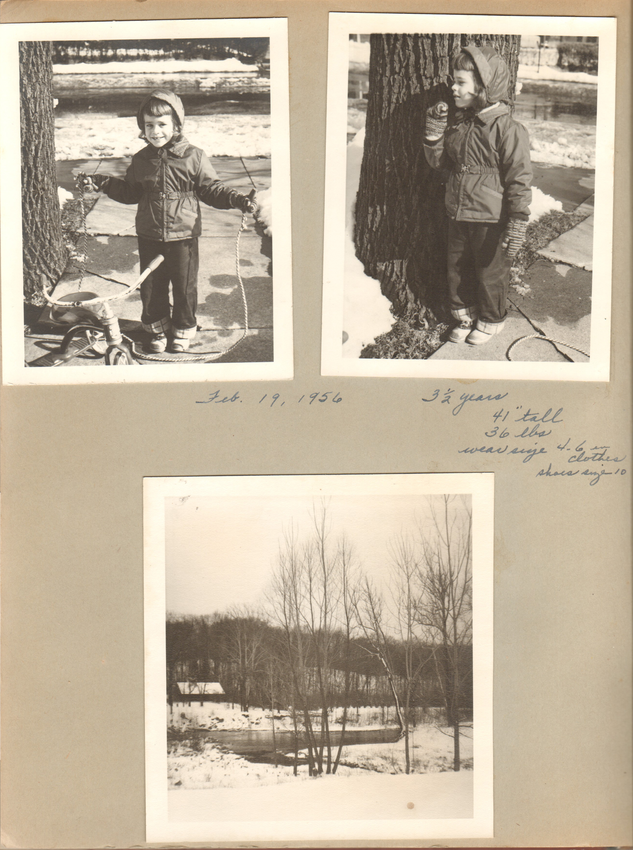 Susan jump rope and tricycle in winter.