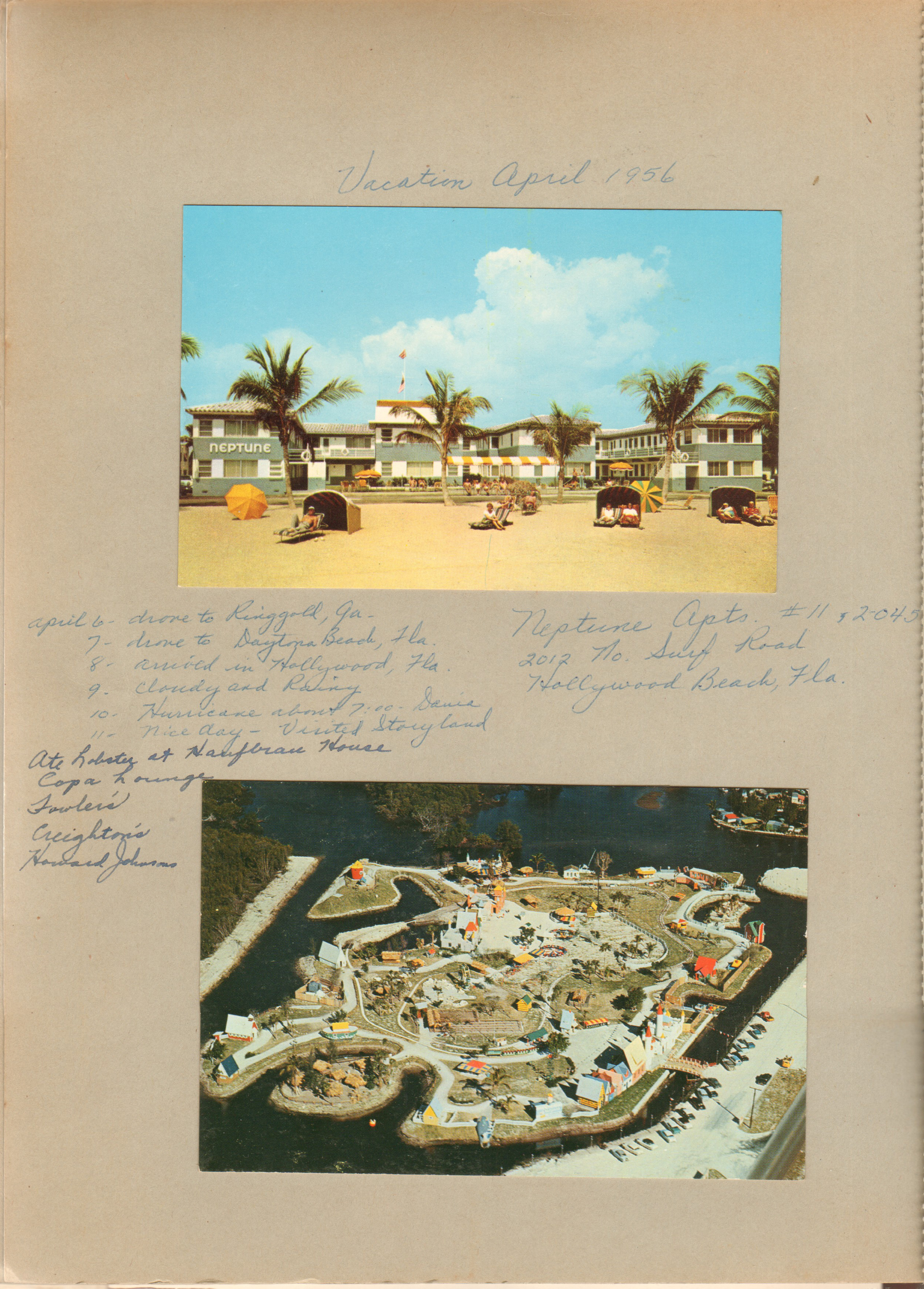 Florida trip itinerary. postcards - Neptune Apts and Storyland