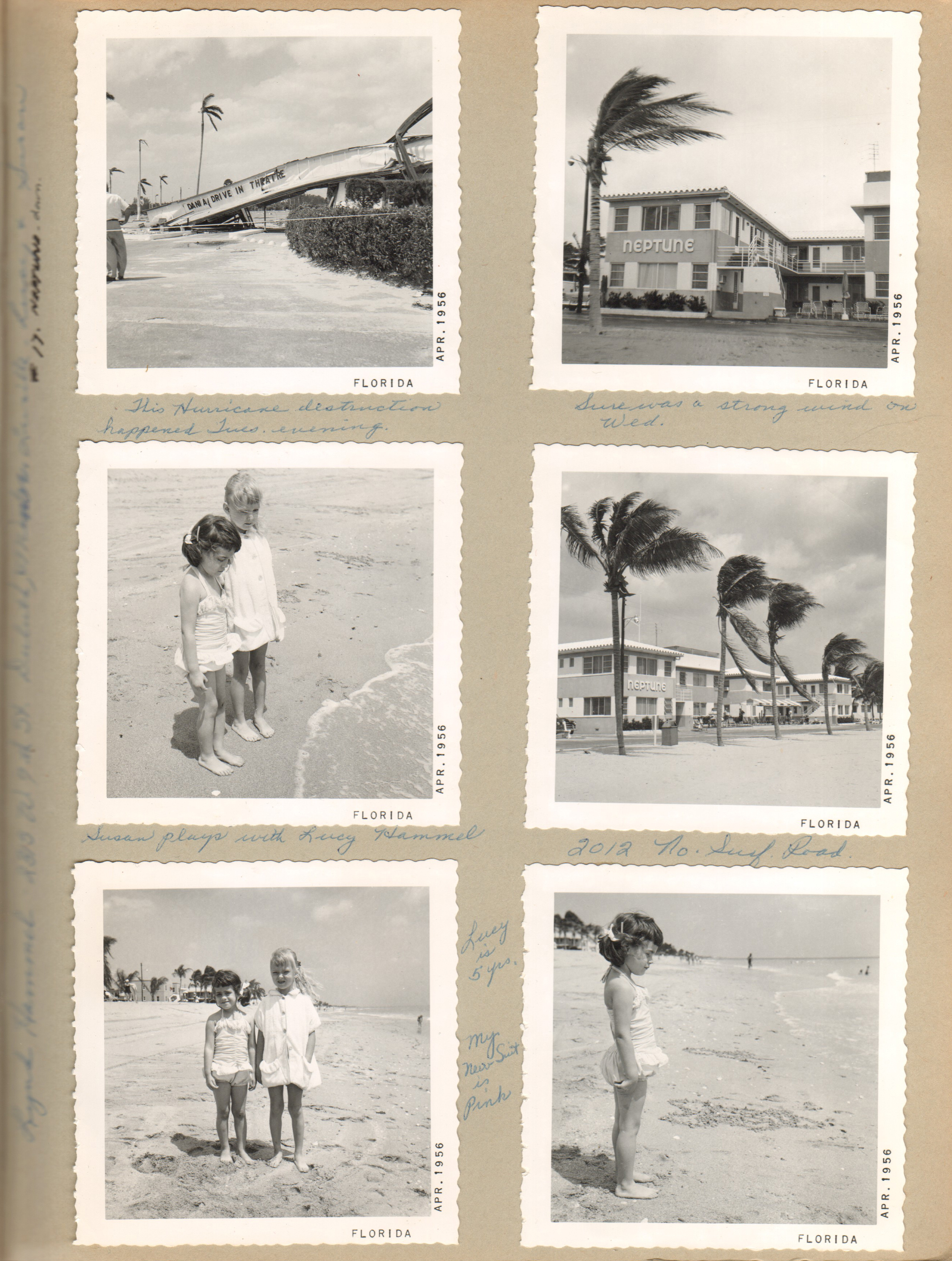 Hurricane damaged Dania Drive In Theatre. Neptune Apts. Susan on beach with Lucy Hammel