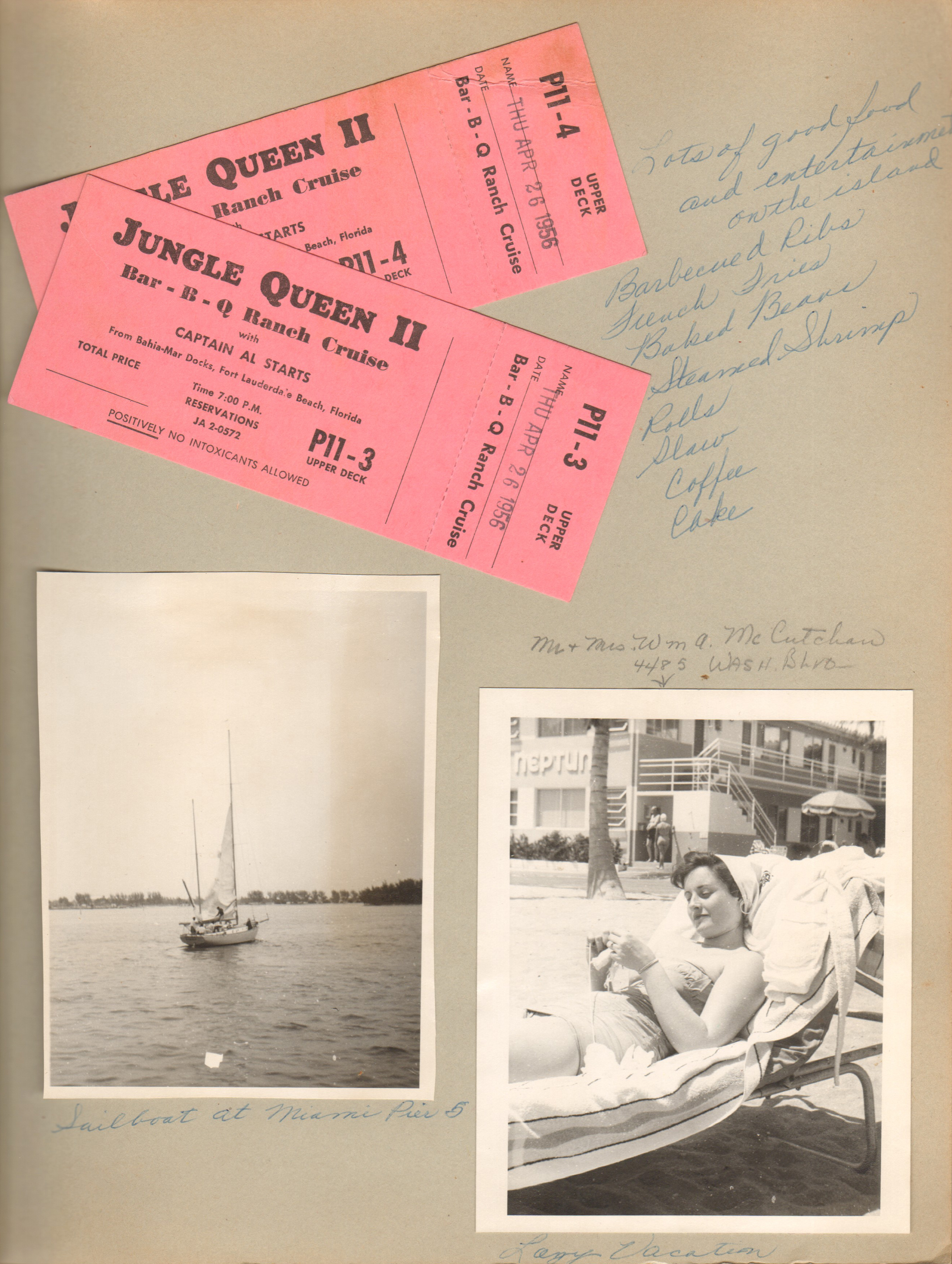 Jungle Queen II cruise tickets. items on menu. Sailboat at Miami Pier 5. Rosemary knitting on beach at Neptune. McCutchen address and arrow to their apartment